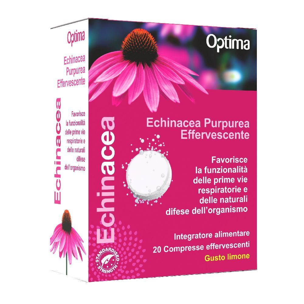 Optima-Verpackung mit Echinacea Purpurea Effervescente. Rosa Schachtel mit Produktnamen und Blüte.