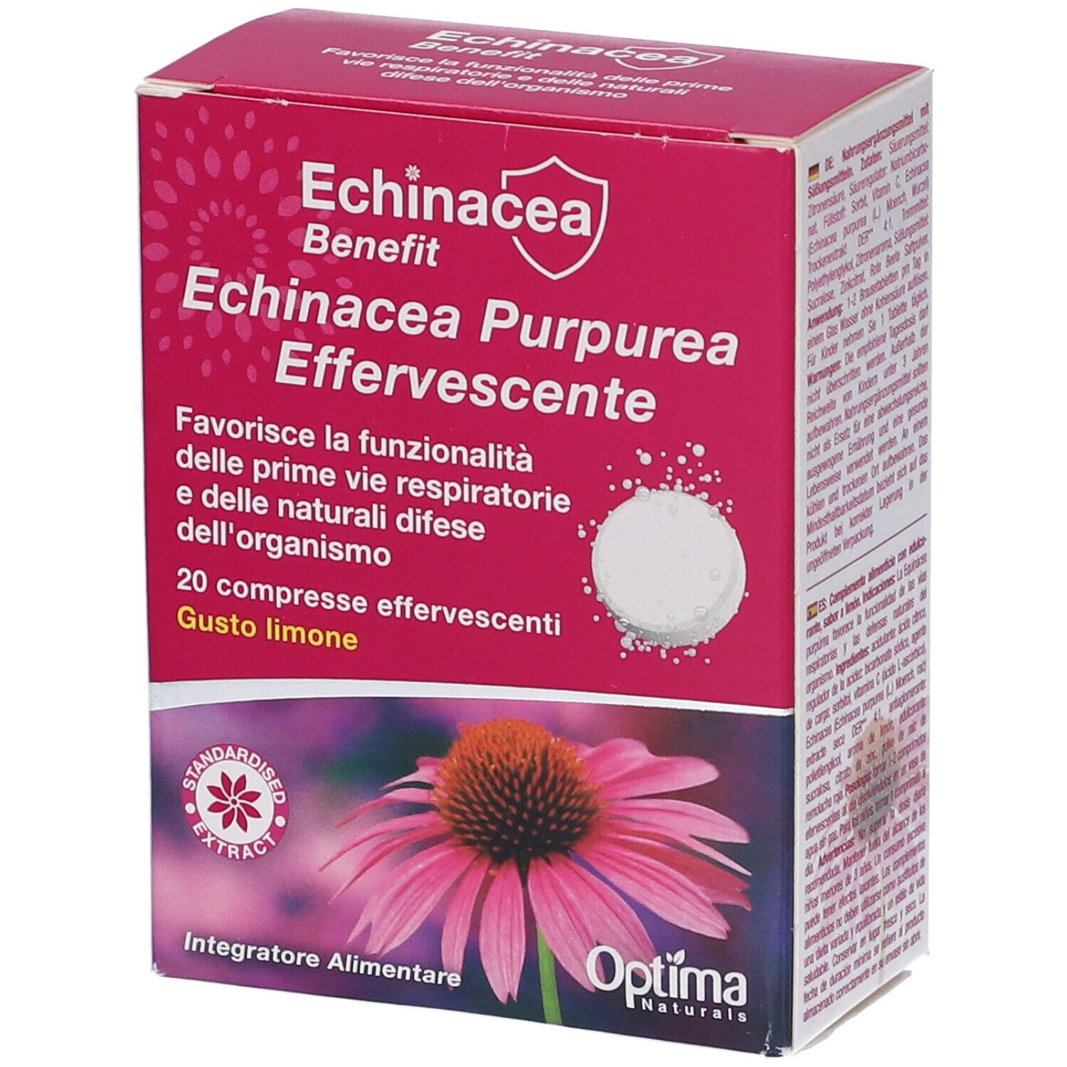 Rosa Schachtel mit Echinacea Benefit Brausetabletten. Text: Echinacea Purpurea Effervescente, 20 Tabletten, Gusto limone. Optima Naturals.