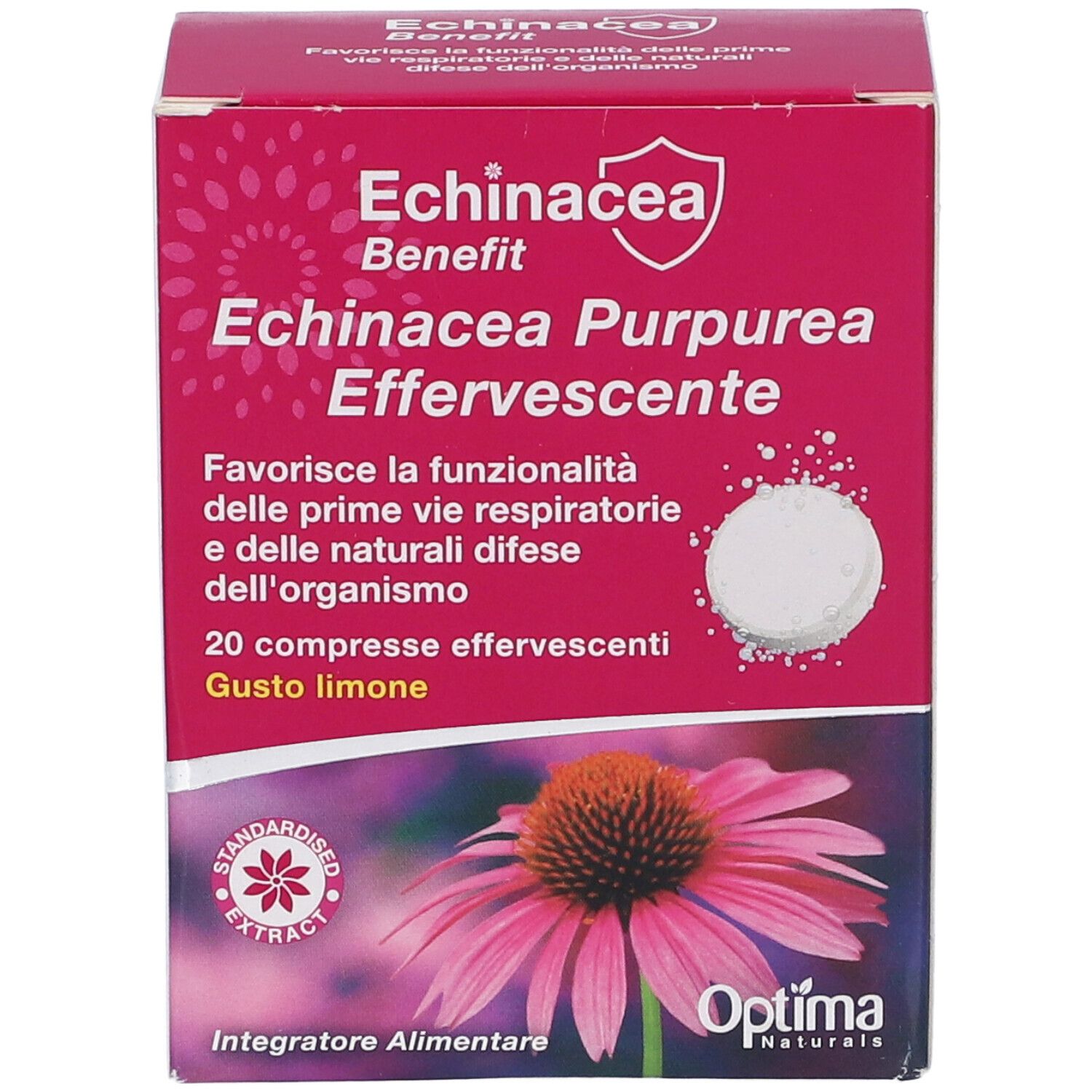 Rosa Schachtel mit Echinacea Benefit Brausetabletten. Text: Echinacea Purpurea Effervescente, 20 Tabletten, Gusto limone. Optima Naturals.
