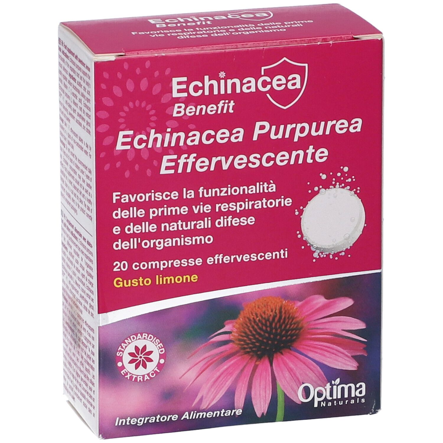 Rosa Schachtel mit Echinacea Benefit Brausetabletten. Text: Echinacea Purpurea Effervescente, 20 Tabletten, Gusto limone. Optima Naturals.