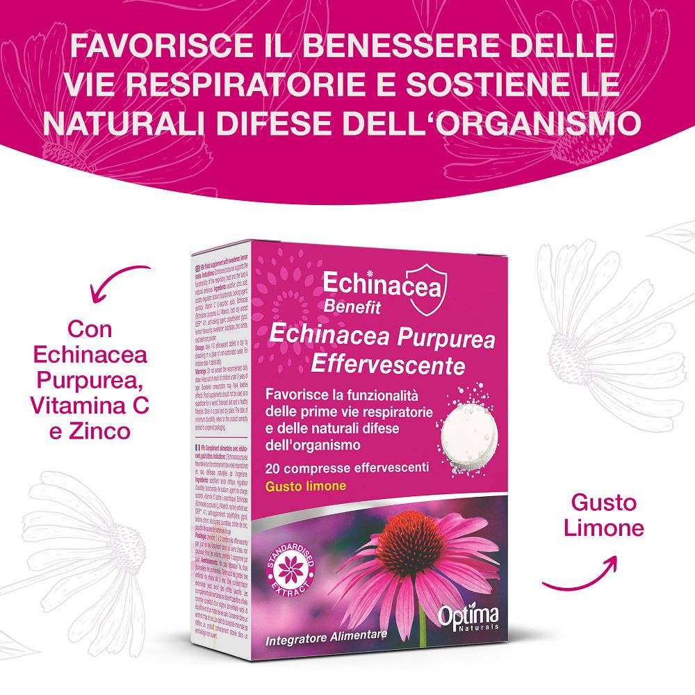 Echinacea Benefit Brausetabletten-Verpackung mit detaillierten Informationen.