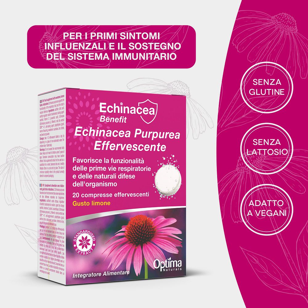 Echinacea Benefit Brausetabletten-Verpackung mit Hinweisen zu Gluten-, Laktosefreiheit und Vegan.