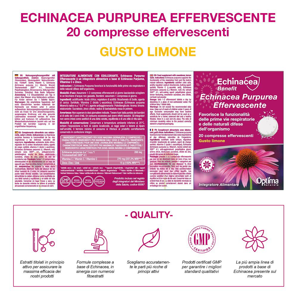 Rückseite der Echinacea Benefit Brausetabletten-Verpackung mit Qualitätsmerkmalen.