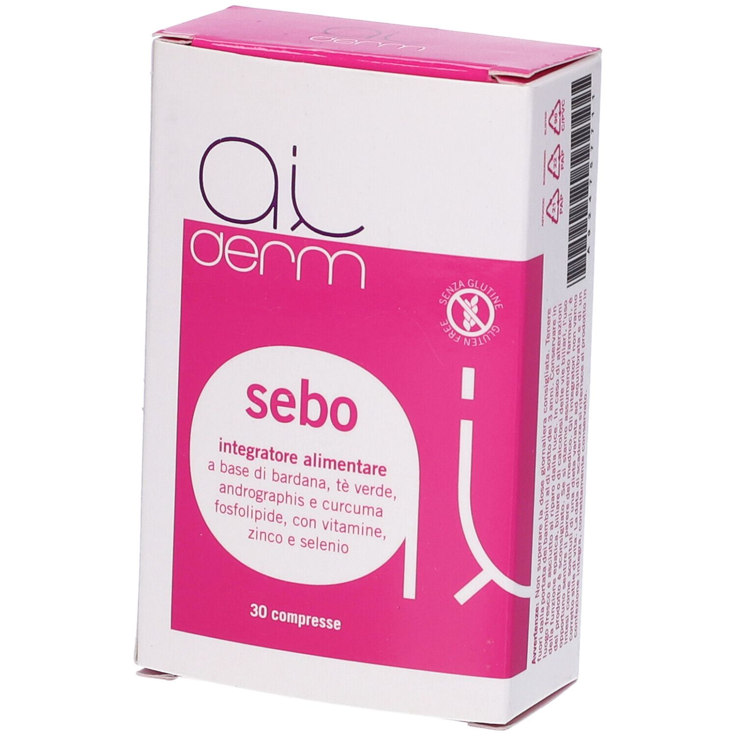 Scatola bianca e rosa. Scritta: Ai derm, sebo, 30 compresse. Simbolo senza glutine.
