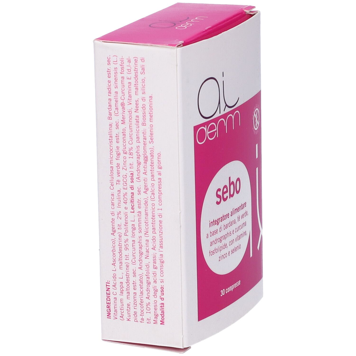 Scatola bianca, vista laterale. Scritta: Ai derm, sebo. Elenco ingredienti e testo in italiano.