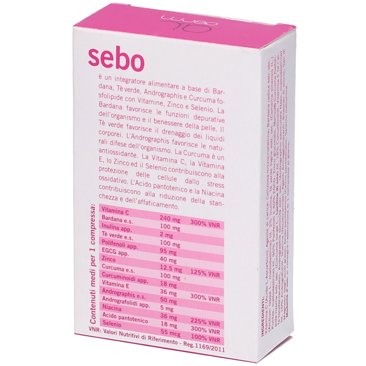 Scatola bianca, retro. Scritta: sebo. Tabella nutrizionale e testo in italiano.
