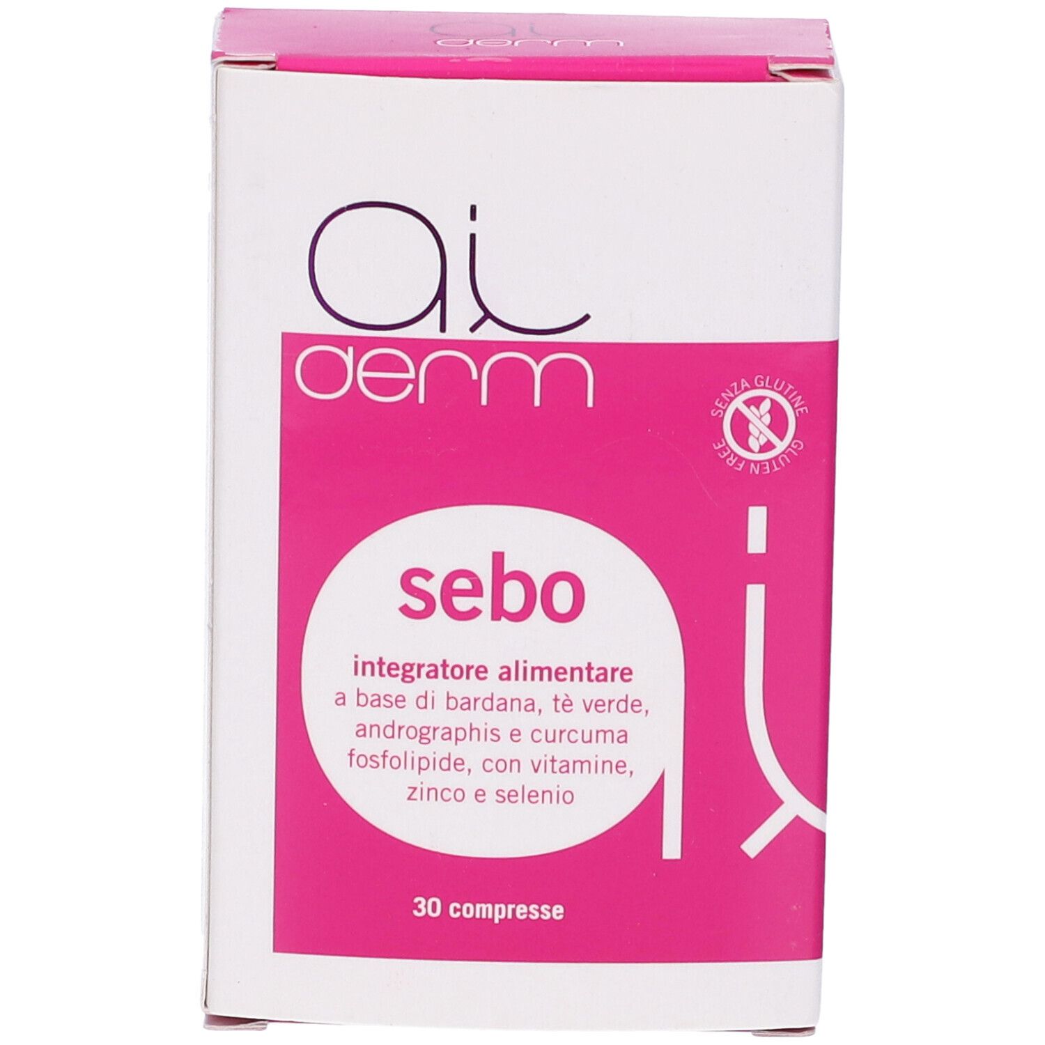 Scatola bianca e rosa. Scritta: Ai derm, sebo, 30 compresse. Simbolo senza glutine.