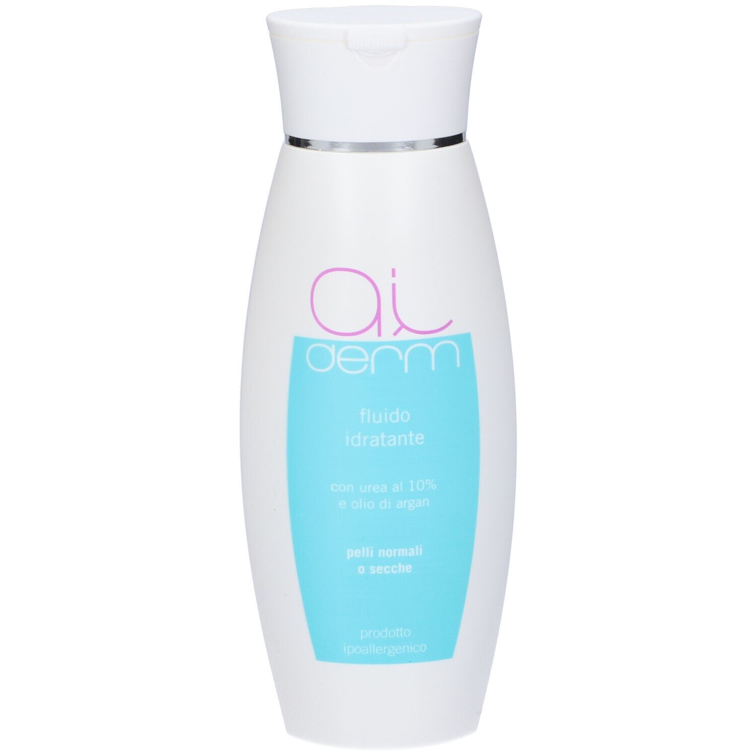 Flacone bianco con tappo bianco. Scritta: Aiderm, fluido idratante. Per pelli normali e secche.