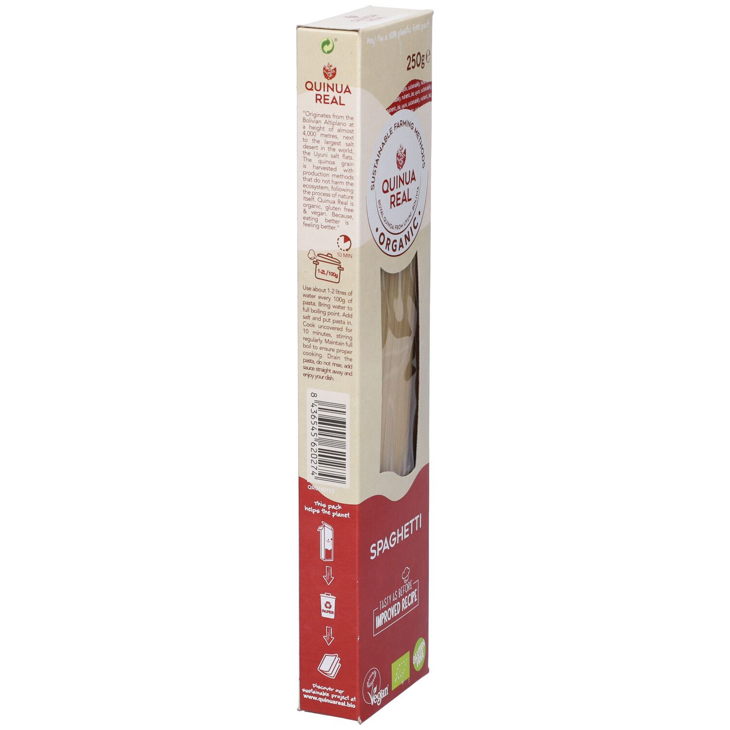 Confezione Spaghetti. Retro con testo e valori nutrizionali. Logo, sigillo bio, 250g.