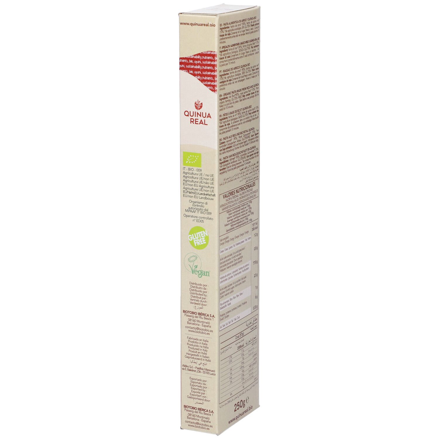 Confezione Spaghetti. Vista laterale con testo. Logo, sigillo bio, 250g.