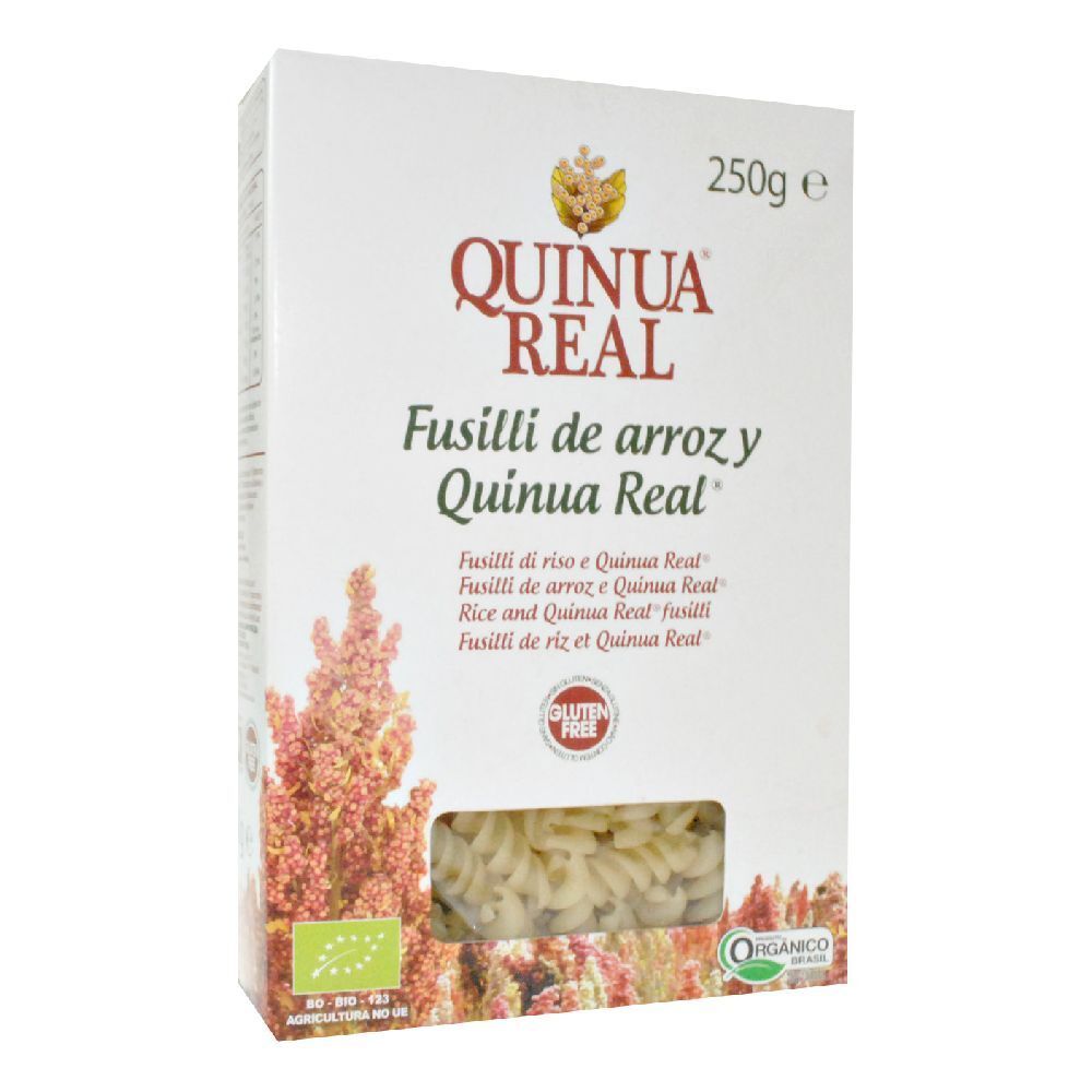 Scatola bianca con pasta fusilli. Scritto: Quinoa Real, Fusilli de arroz y Quinoa Real. Certificazione bio, senza glutine.
