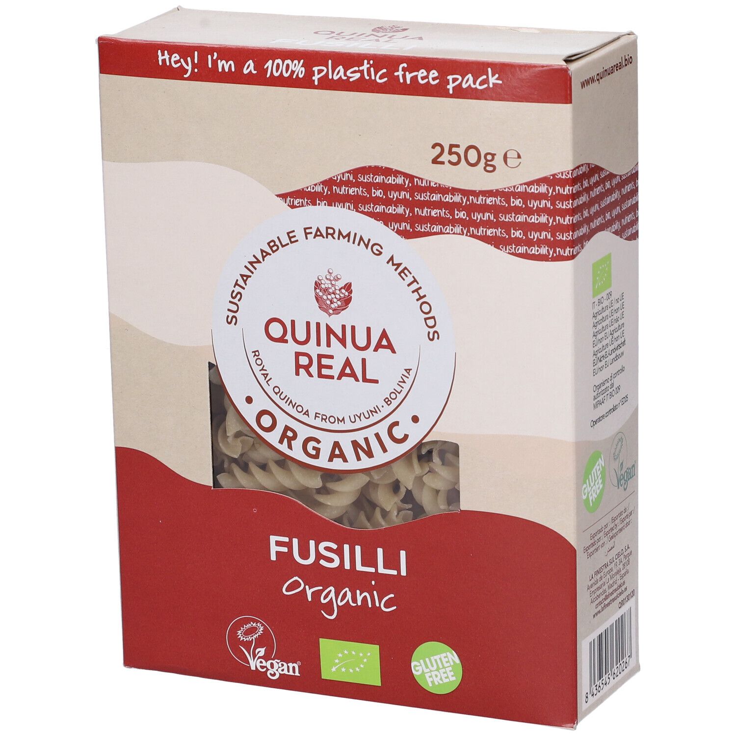 Scatola con pasta fusilli. Scritto: Quinoa Real, Organic, senza glutine, vegano. 250g. Confezione 100% senza plastica.