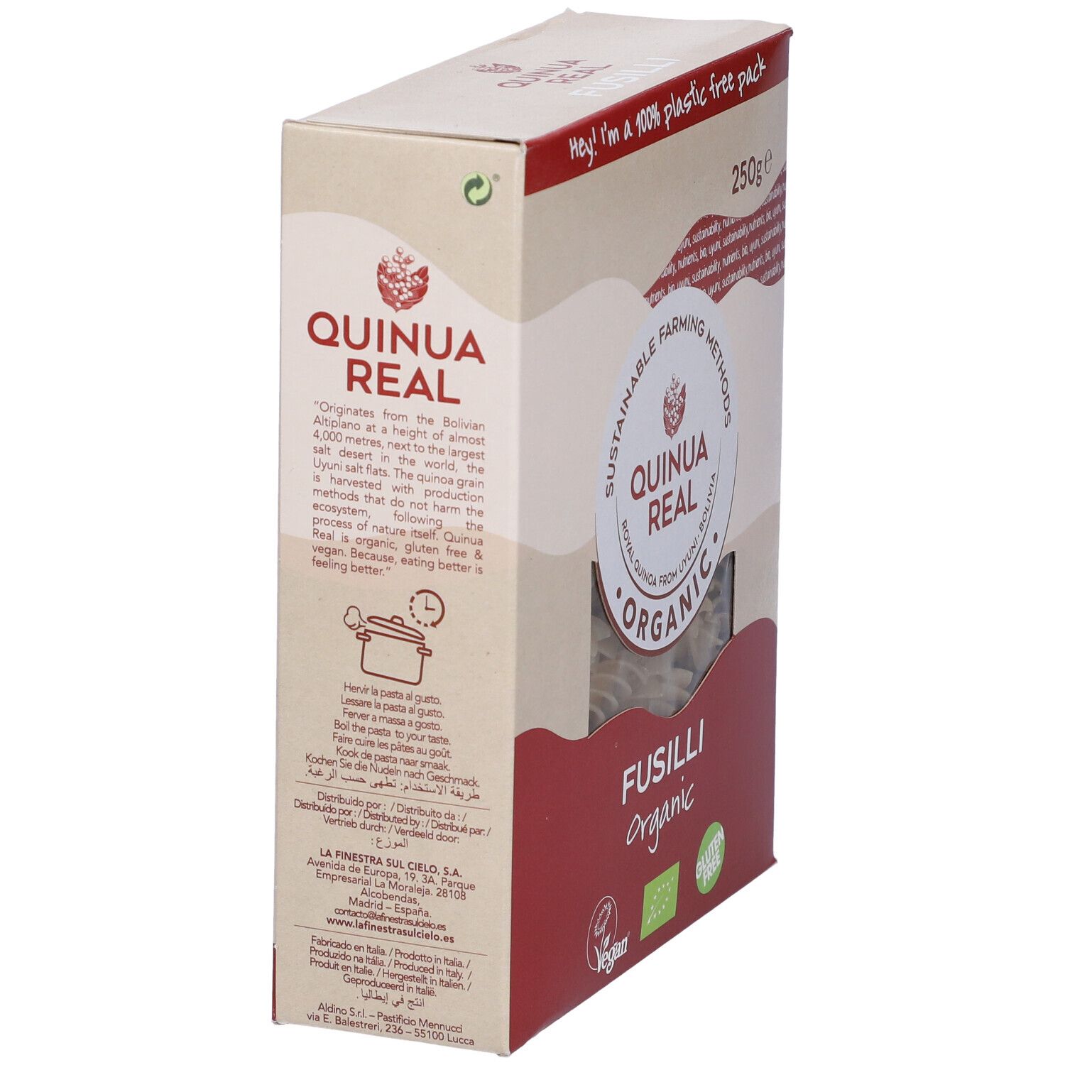Scatola con pasta fusilli. Scritto: Quinoa Real, Organic, senza glutine, vegano. 250g. Testo sui metodi agricoli sostenibili.