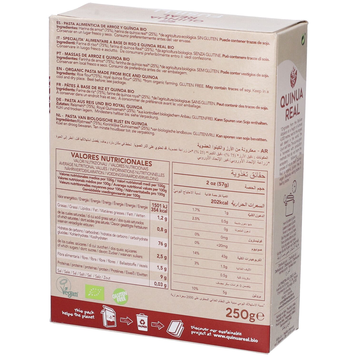 Retro della confezione con informazioni nutrizionali e testo multilingue. 250g. Certificazione bio, vegano, senza glutine.