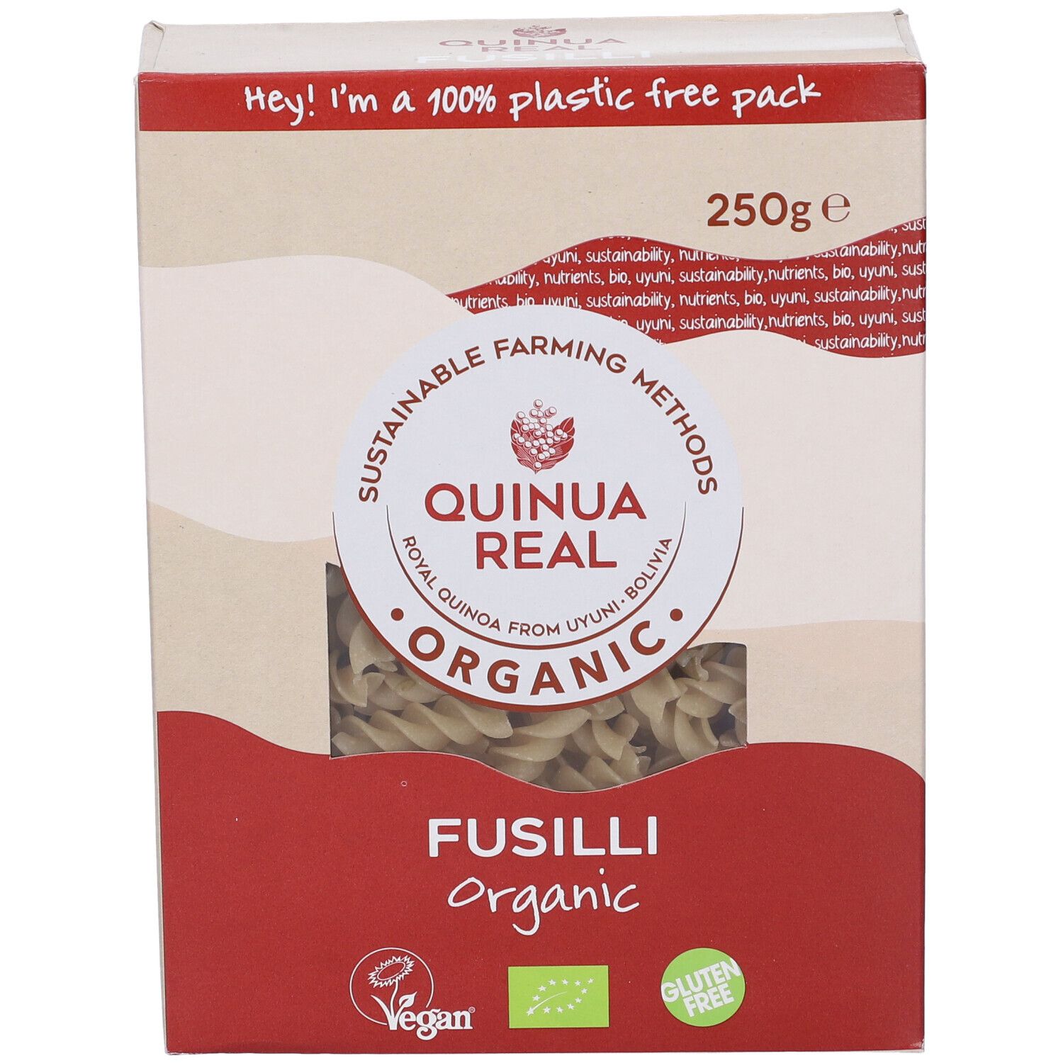 Scatola con pasta fusilli. Scritto: Quinoa Real, Organic, senza glutine, vegano. 250g. Confezione 100% senza plastica.