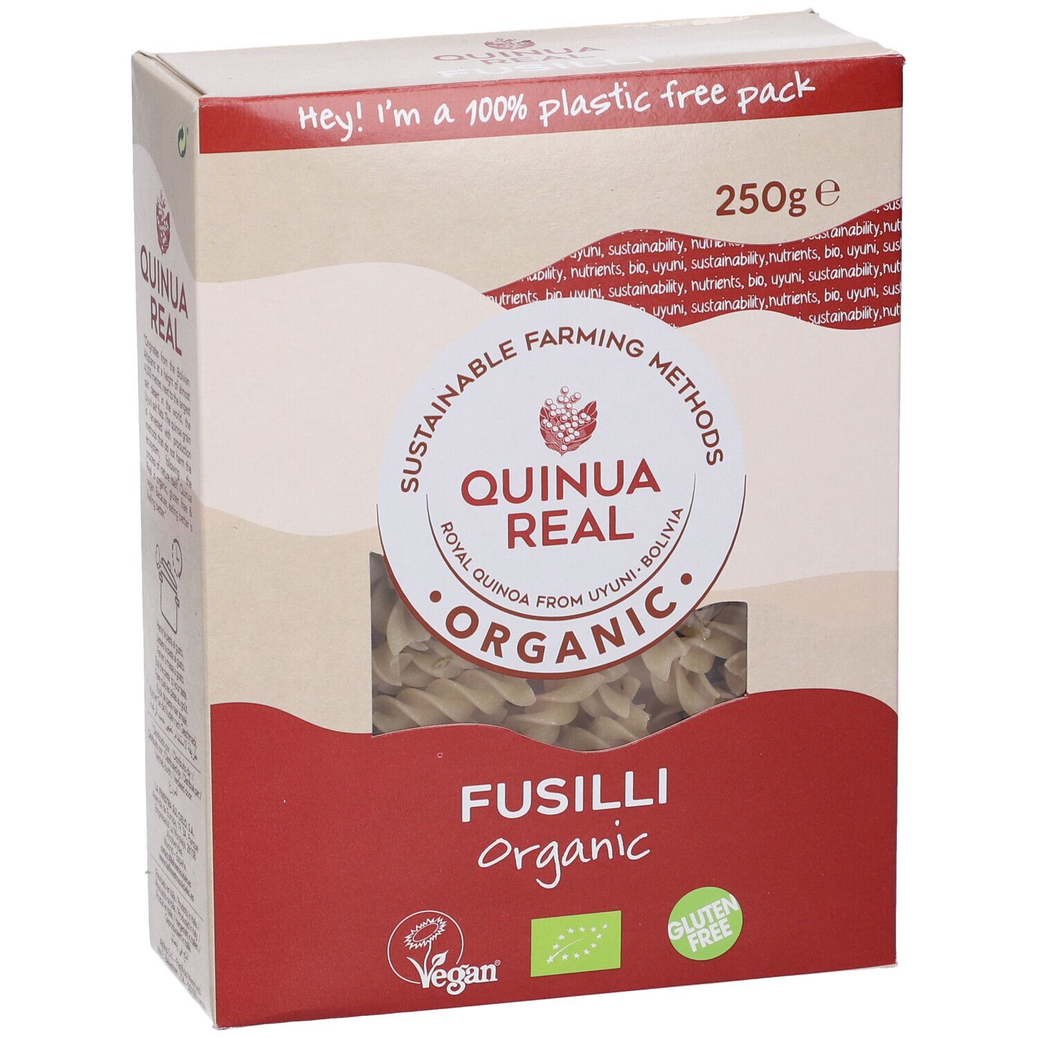 Scatola con pasta fusilli. Scritto: Quinoa Real, Organic, senza glutine, vegano. 250g. Confezione 100% senza plastica.