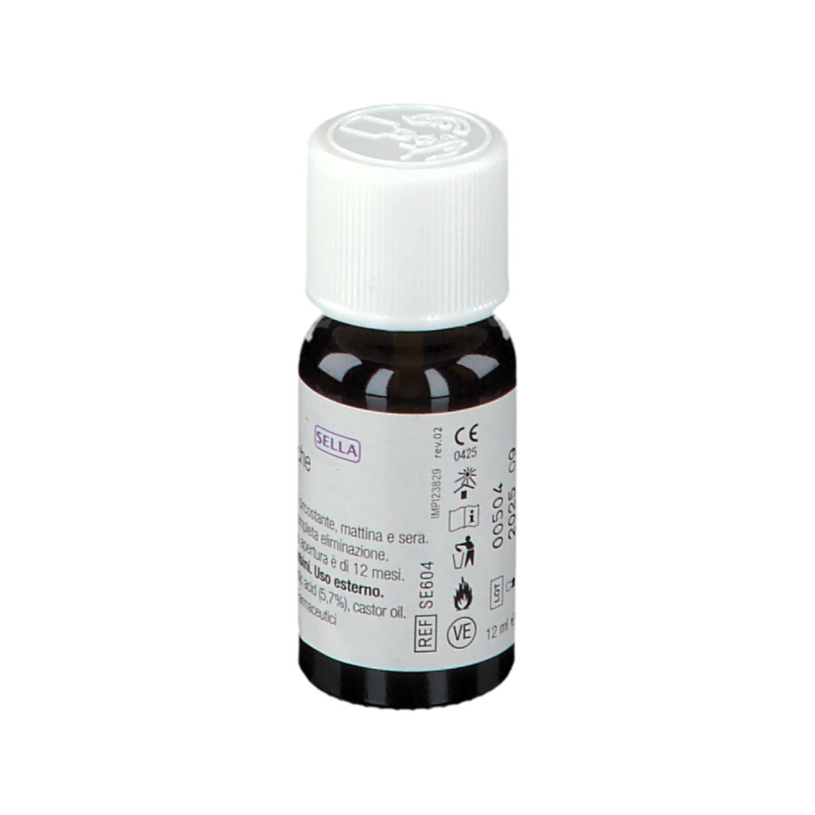 Flacone di vetro marrone con tappo bianco. Etichetta con testo. Nome prodotto: Verrupor Bruciaporri.