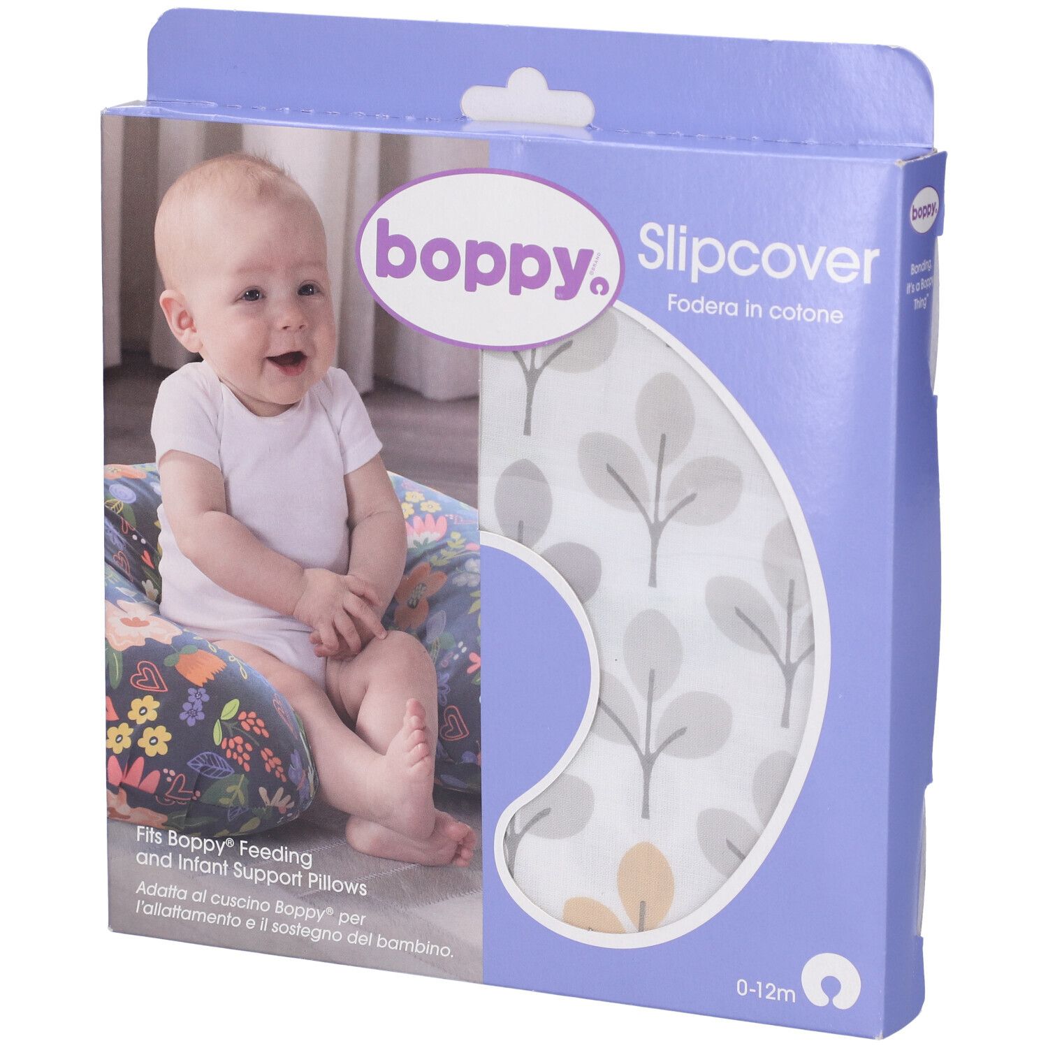 Confezione per Chicco Boppy Slipcover. Bambino sul cuscino. Nome e immagine del prodotto. 0-12m.