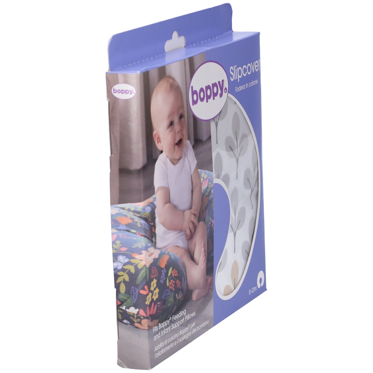 Confezione Chicco Boppy Slipcover. Bambino sul cuscino. Nome e immagine del prodotto. 0-12m.
