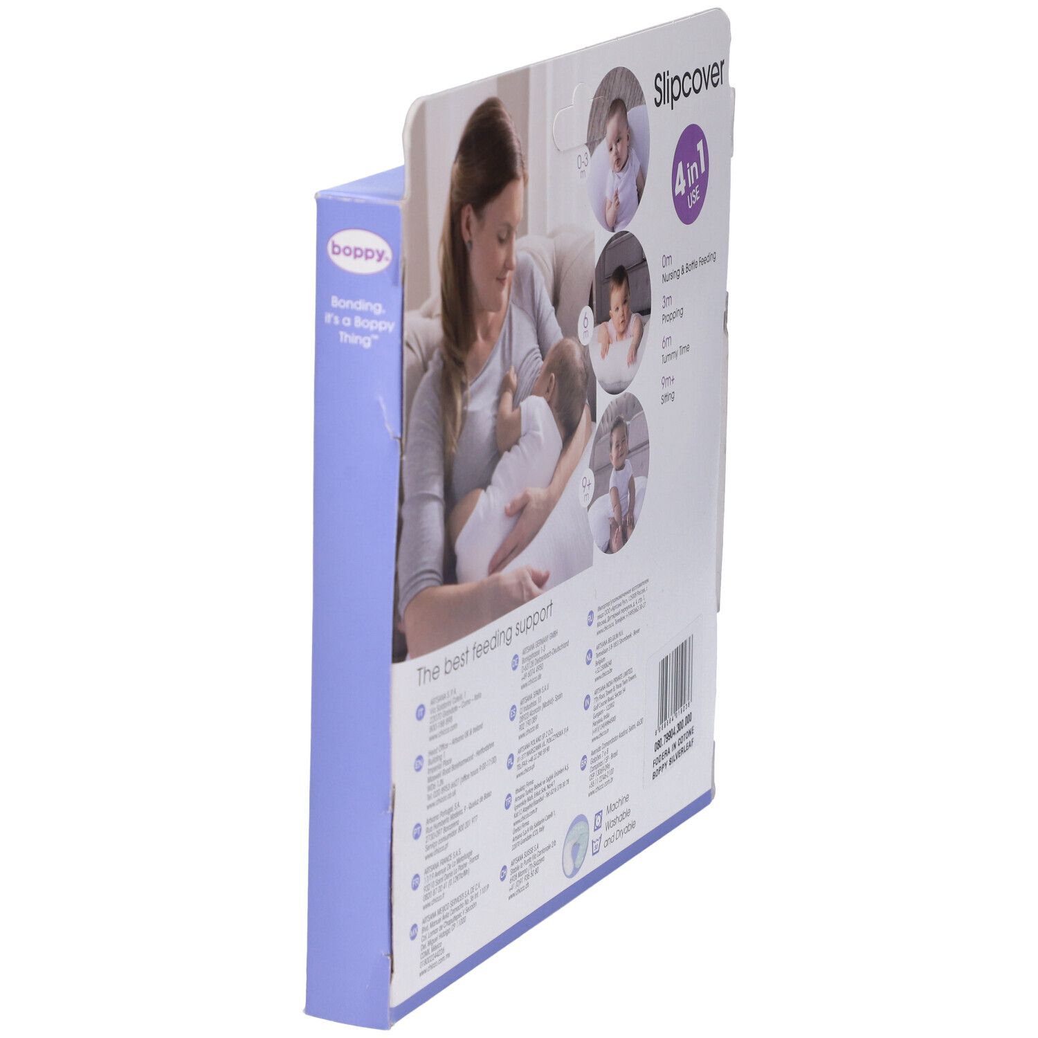 Confezione Chicco Boppy Slipcover. Esempi di utilizzo. 4-in-1. Simboli di lavaggio.