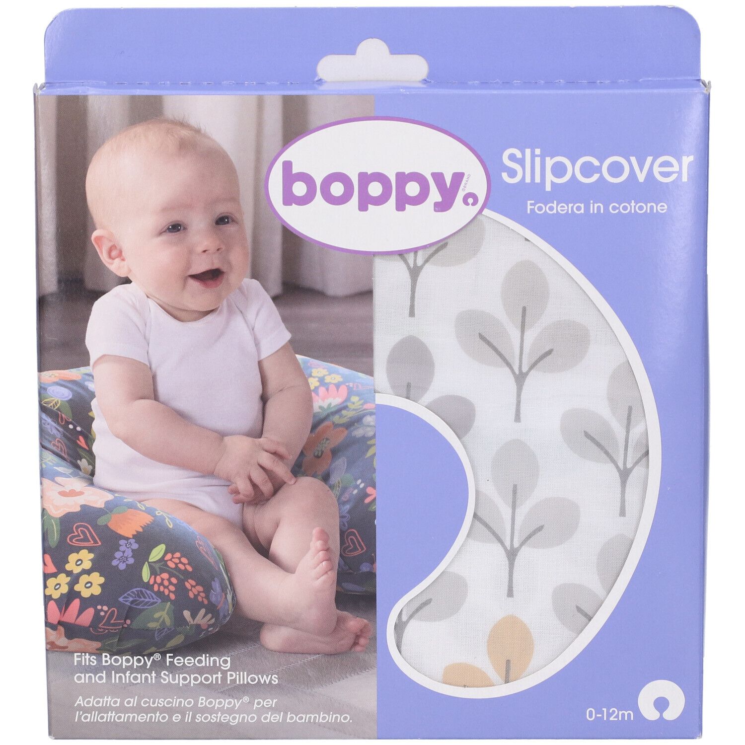Confezione Chicco Boppy Slipcover. Bambino sul cuscino. Nome e immagine del prodotto. 0-12m.