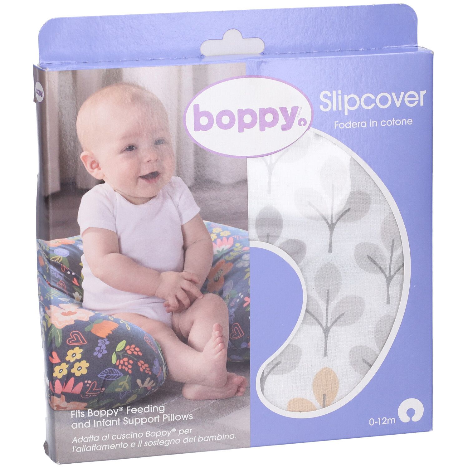 Confezione Chicco Boppy Slipcover. Bambino sul cuscino. Nome e immagine del prodotto. 0-12m.