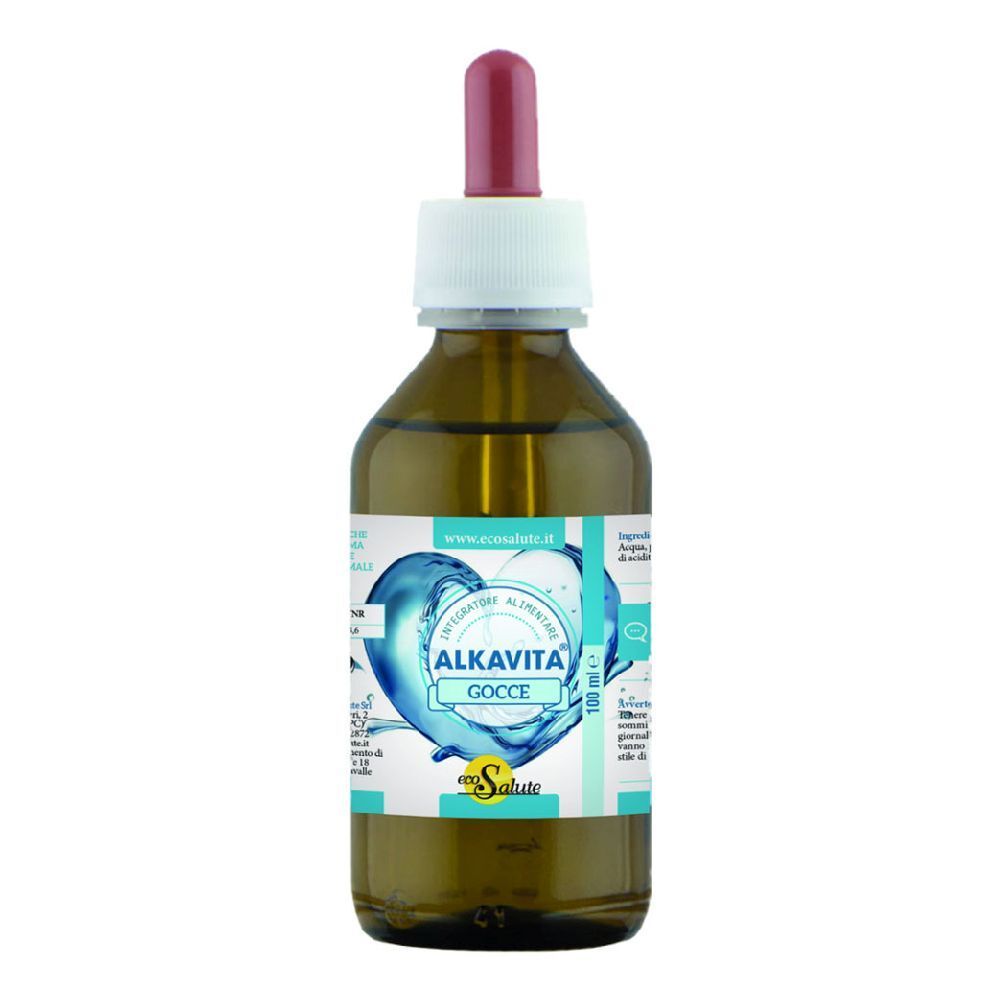 Flacone di vetro marrone con contagocce. Etichetta con cuore blu e testo: Alkavita Gocce. Tappo bianco e contagocce rosso.