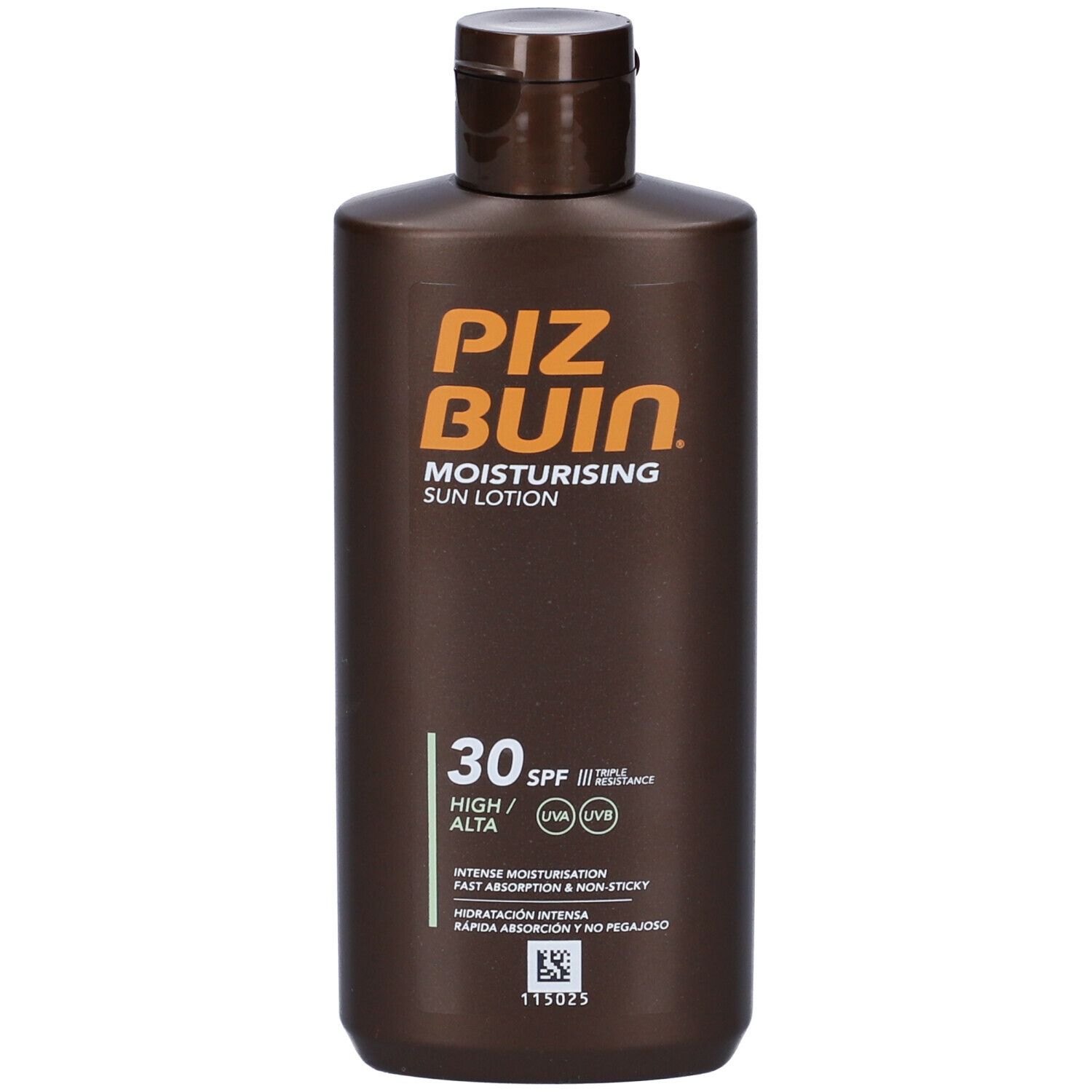 Flacone marrone Piz Buin Moisturising Sun Lotion SPF 30. Protezione alta. Tappo a ribalta. Testo: Intense Moisturisation.