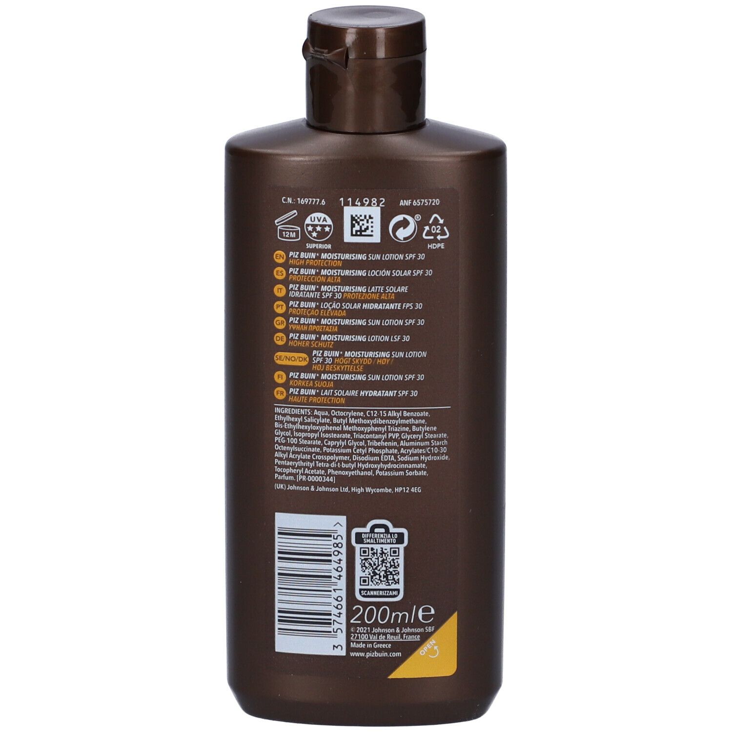 Retro del flacone Piz Buin. Informazioni prodotto, ingredienti, codice QR e volume 200ml.
