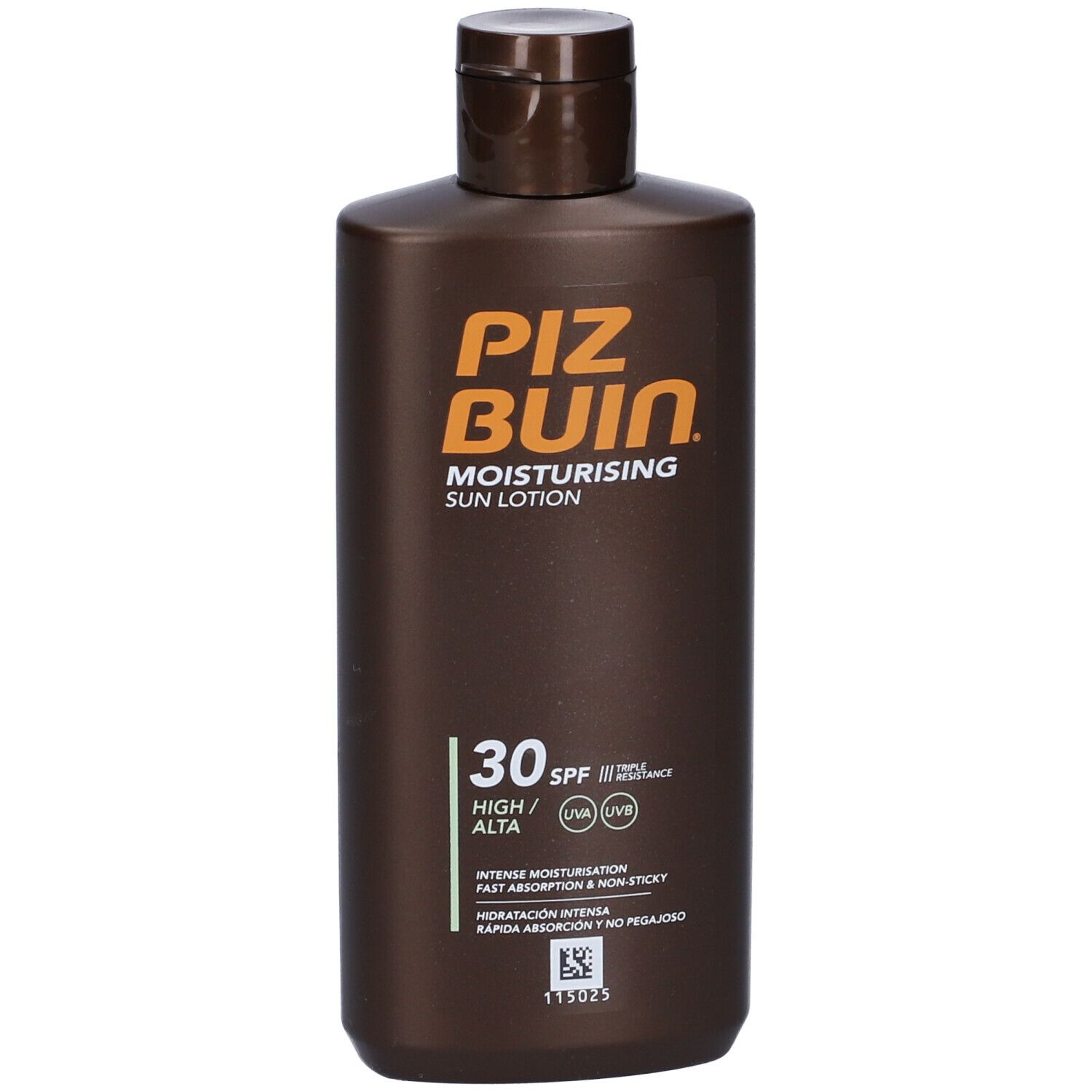 Flacone marrone Piz Buin Moisturising Sun Lotion SPF 30. Protezione alta. Tappo a ribalta. Testo: Intense Moisturisation.
