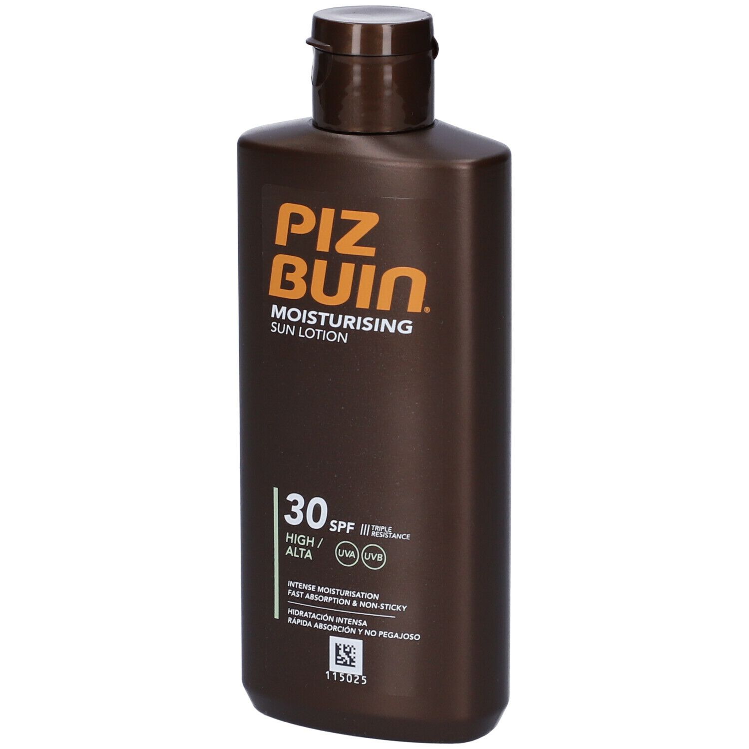 Flacone marrone Piz Buin Moisturising Sun Lotion SPF 30. Protezione alta. Tappo a ribalta. Testo: Intense Moisturisation.