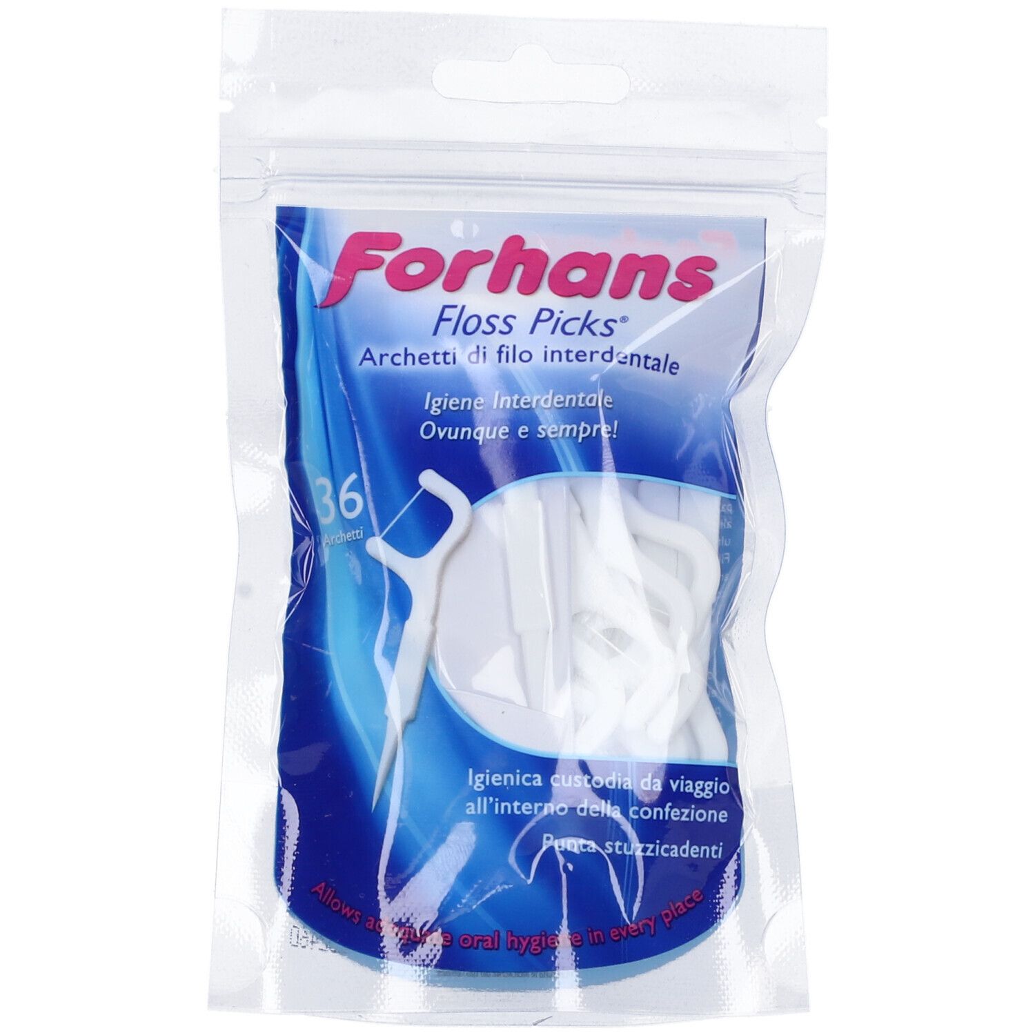 Verpackung mit weißen Zahnseide-Picks. Aufschrift: Forhans Floss Picks, 36 Stück. Transparente Verpackung.