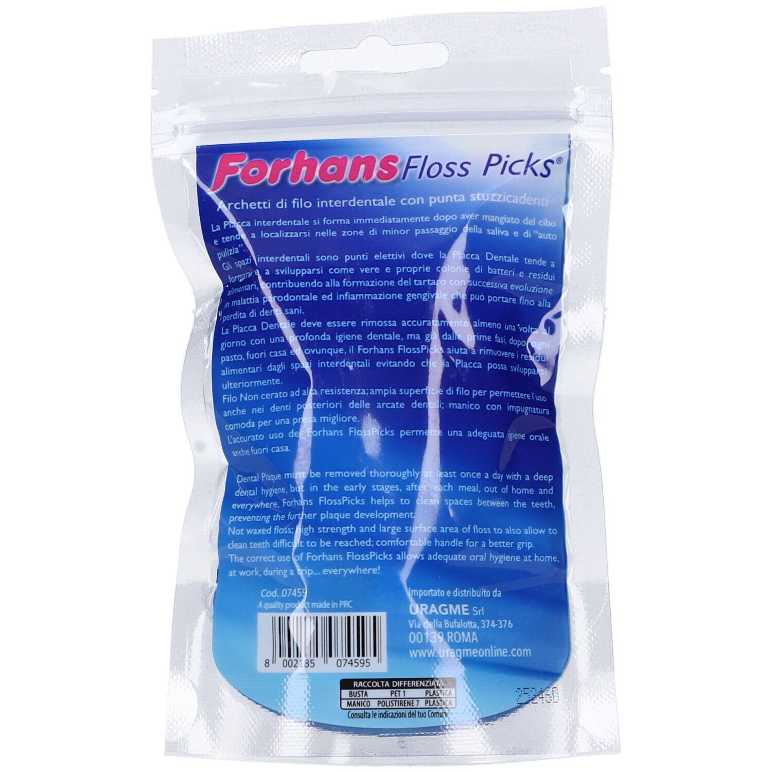 Rückseite der Verpackung mit Text. Aufschrift: Forhans Floss Picks. Blaue und weiße Schrift auf transparentem Hintergrund.