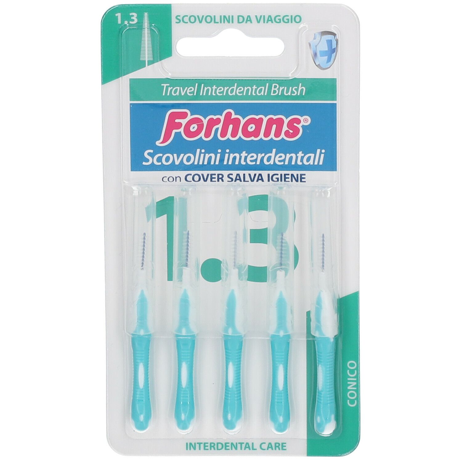 Confezione di spazzolini interdentali da viaggio. Manici blu, setole trasparenti. Marchio Forhans, testo in italiano.