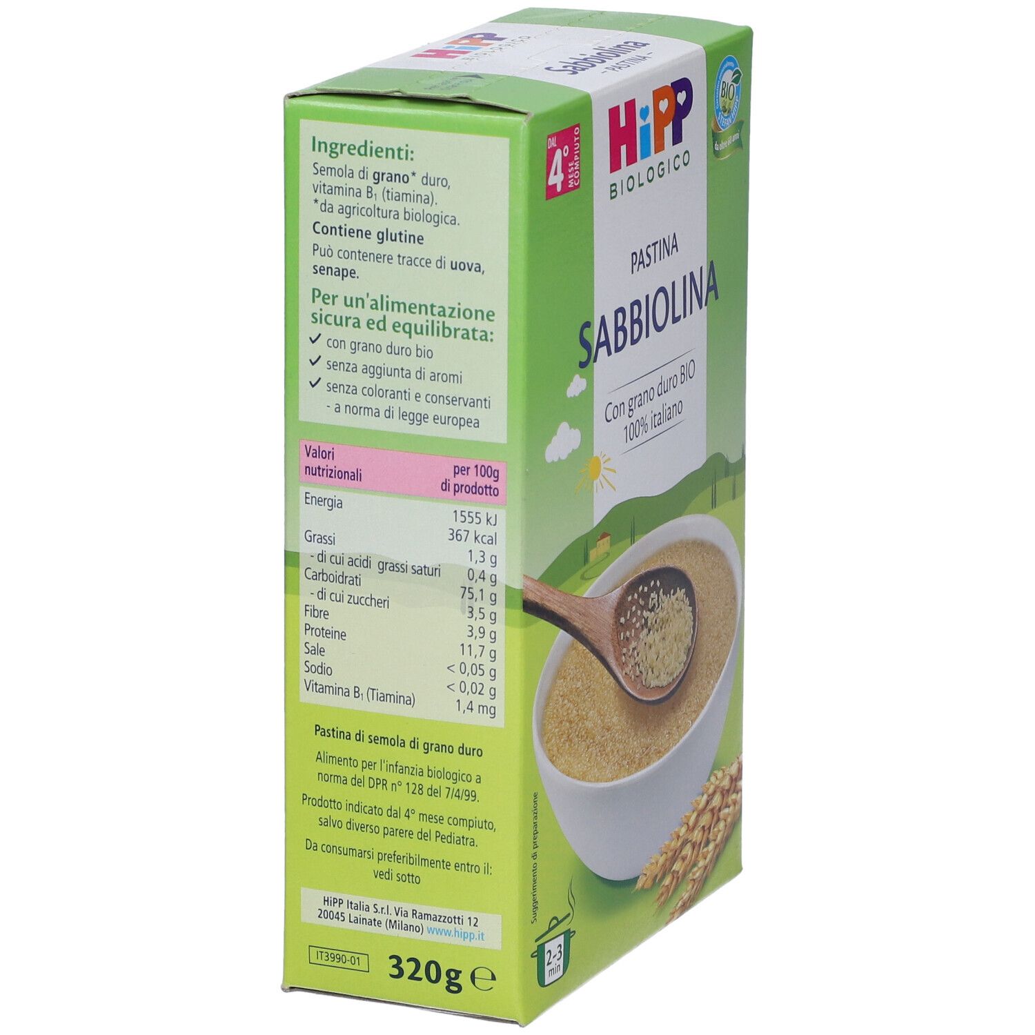 Grüne Pappschachtel mit HIPP BIOLOGICO PASTINA SABBIOLINA. Nährwertangaben. Zutatenliste. 320g. Bio-Siegel.