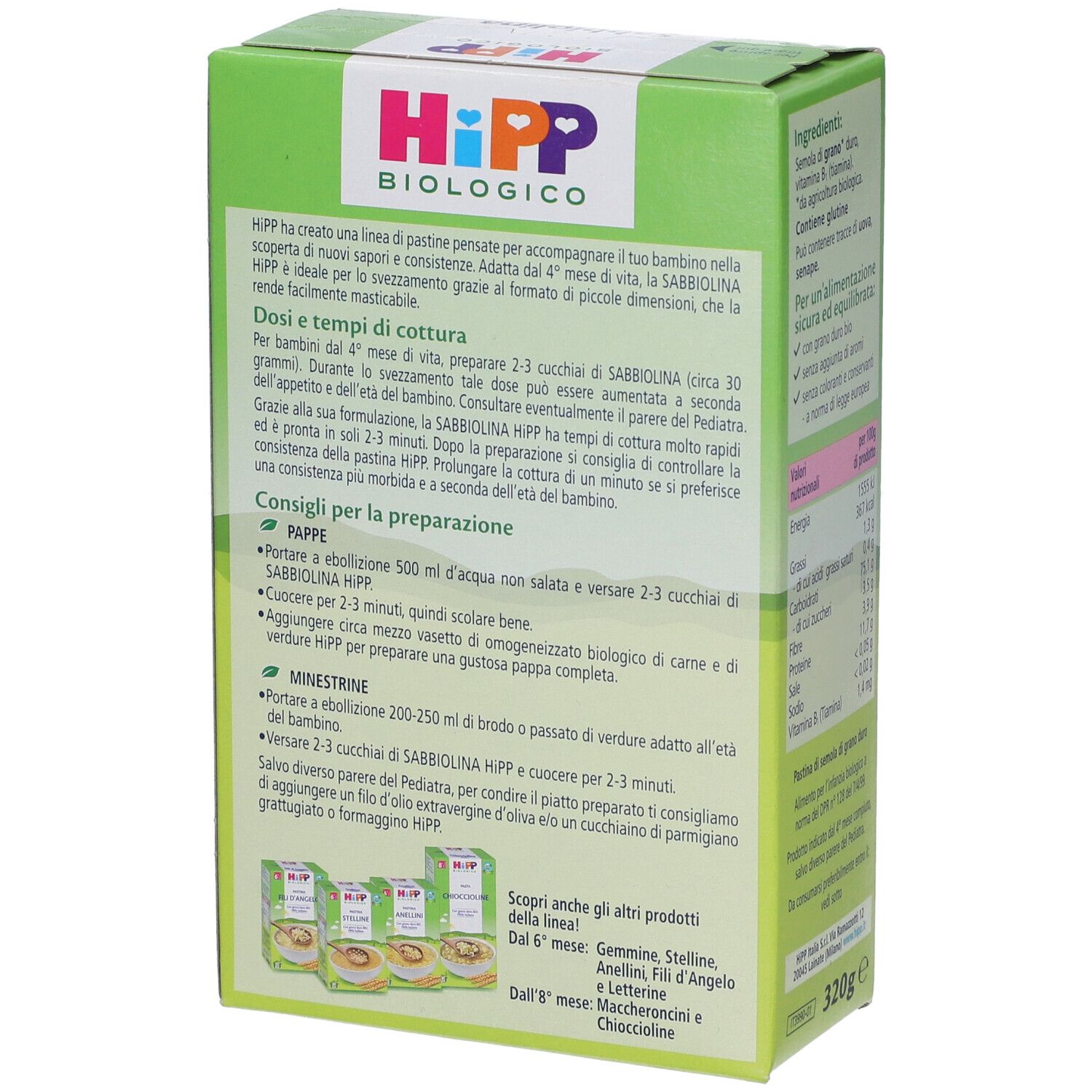 Grüne Pappschachtel mit HIPP BIOLOGICO PASTINA SABBIOLINA. Zubereitungshinweise. 320g. Bio-Siegel. Text.