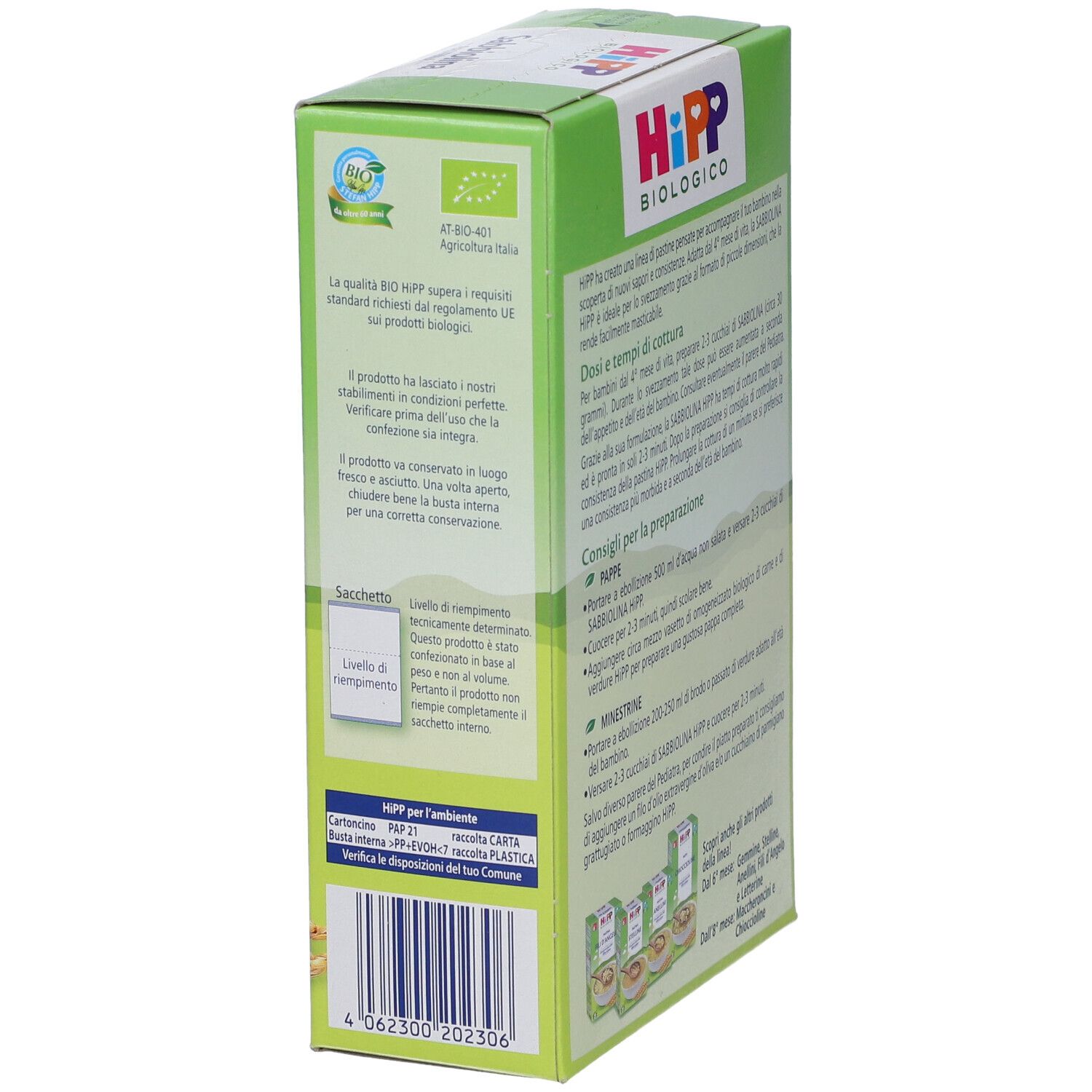 Grüne Pappschachtel mit HIPP BIOLOGICO PASTINA SABBIOLINA. Bio-Siegel. Text. Rückseite.