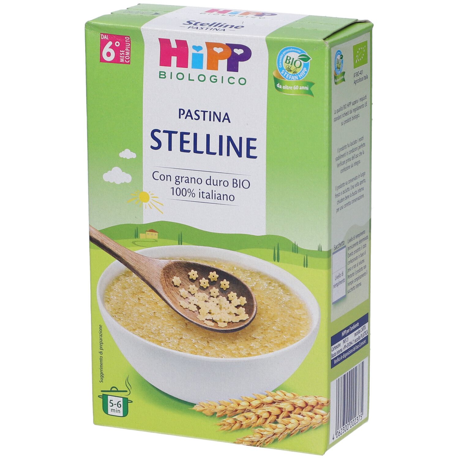 Verpackung von Hipp Bio Pastina Stelline. Zeigt eine Schüssel mit Sternchen-Nudeln und eine Holzschaufel. Bio-Siegel.