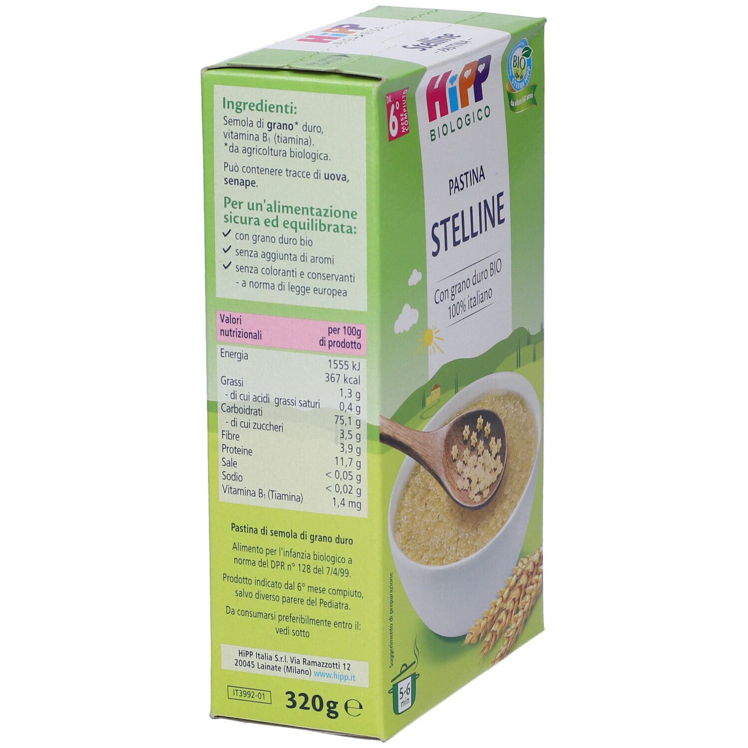 Rückseite der Hipp Bio Pastina Stelline Verpackung. Zeigt Nährwertangaben und Zutatenliste. 320g.