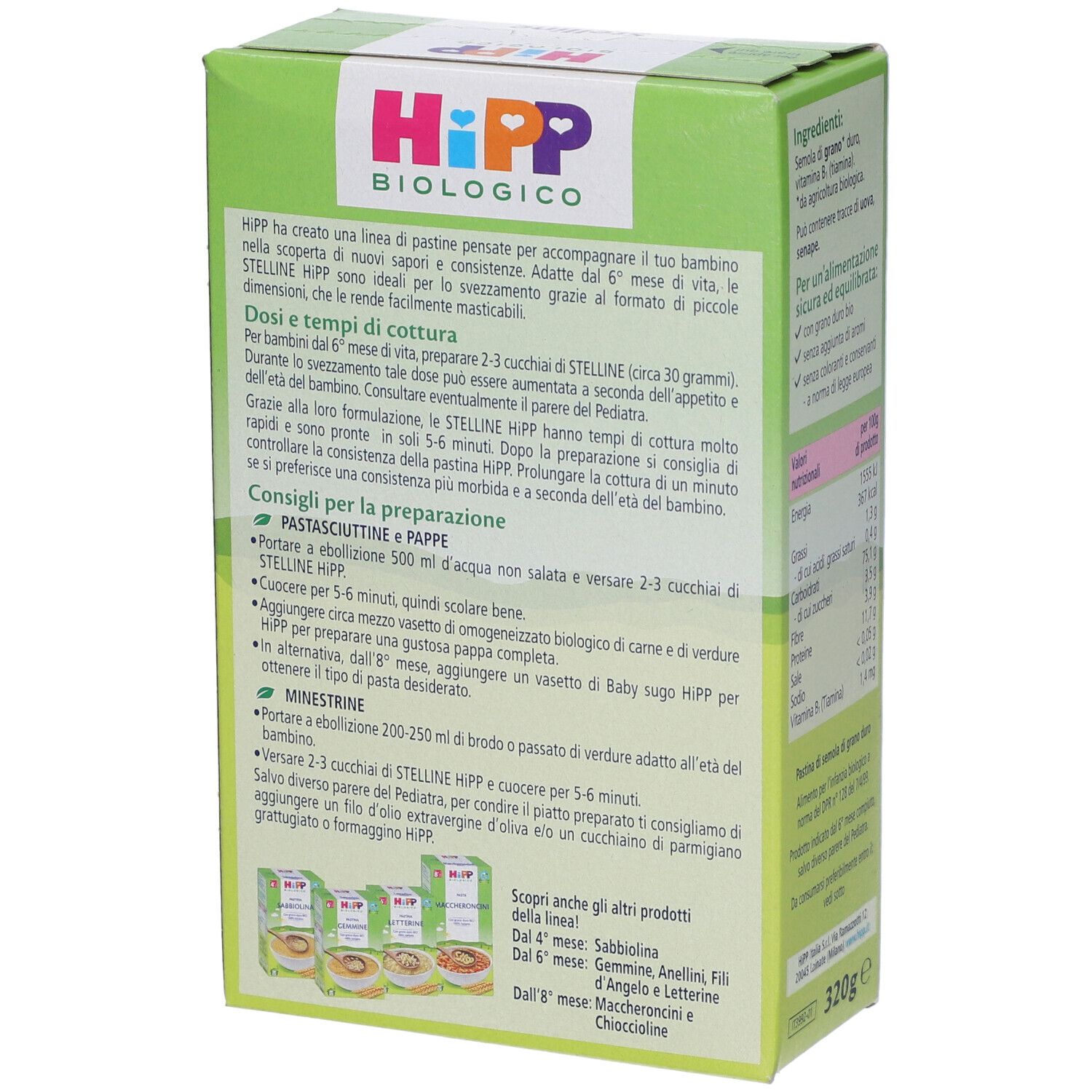 Seite der Hipp Bio Pastina Stelline Verpackung. Text über die Zubereitung und Verwendung. 320g.