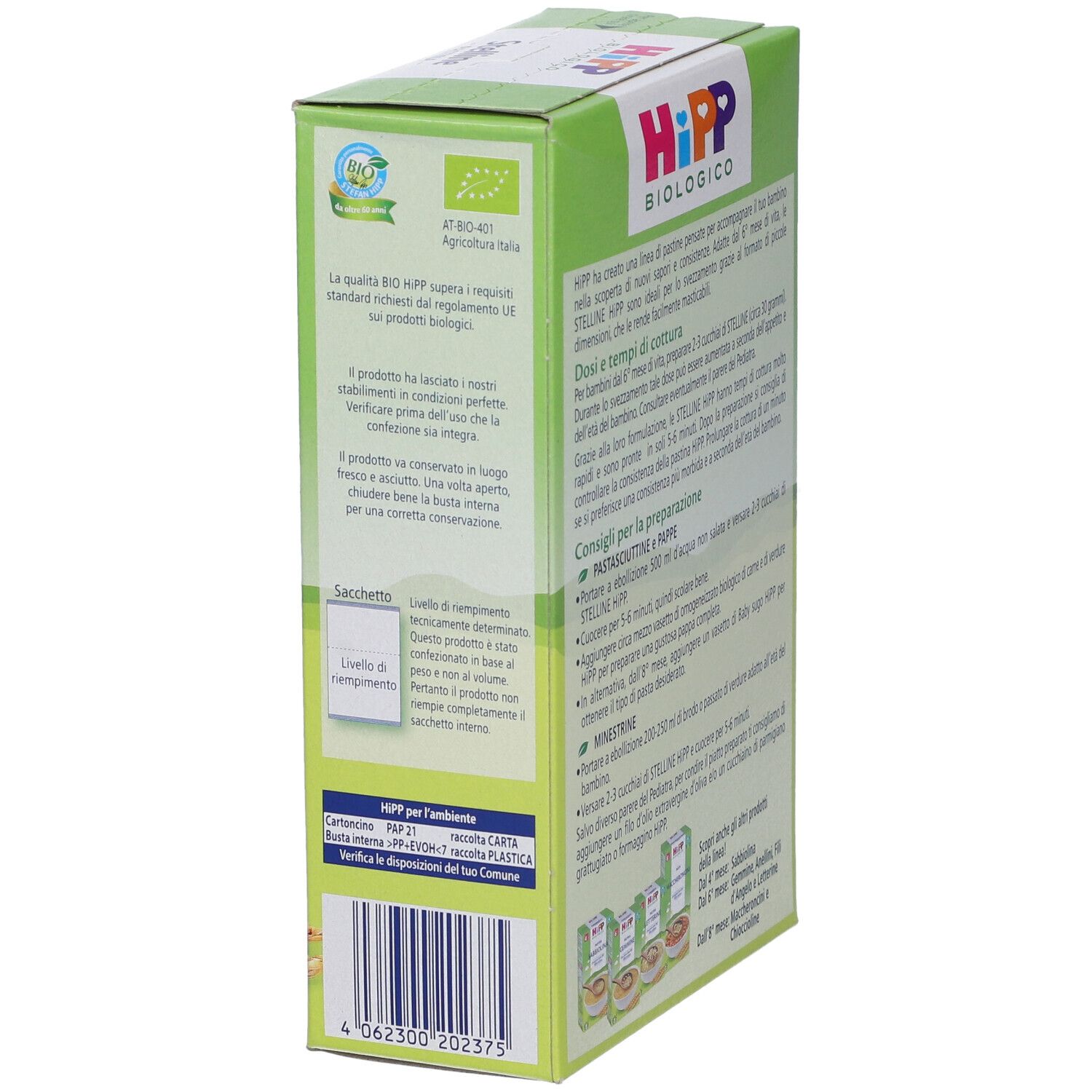 Seite der Hipp Bio Pastina Stelline Verpackung. Zeigt Informationen über Bio-Qualität und Recycling. 320g.