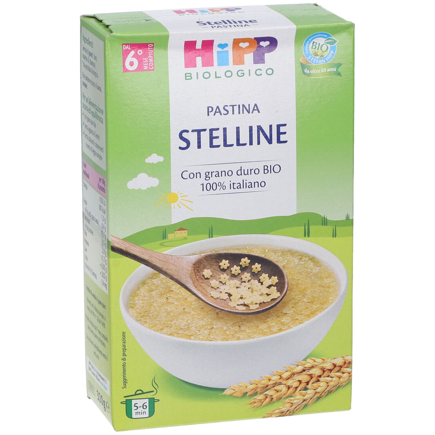 Vorderseite der Hipp Bio Pastina Stelline Verpackung. Zeigt eine Schüssel mit Sternchen-Nudeln und eine Holzschaufel. Bio-Siegel.