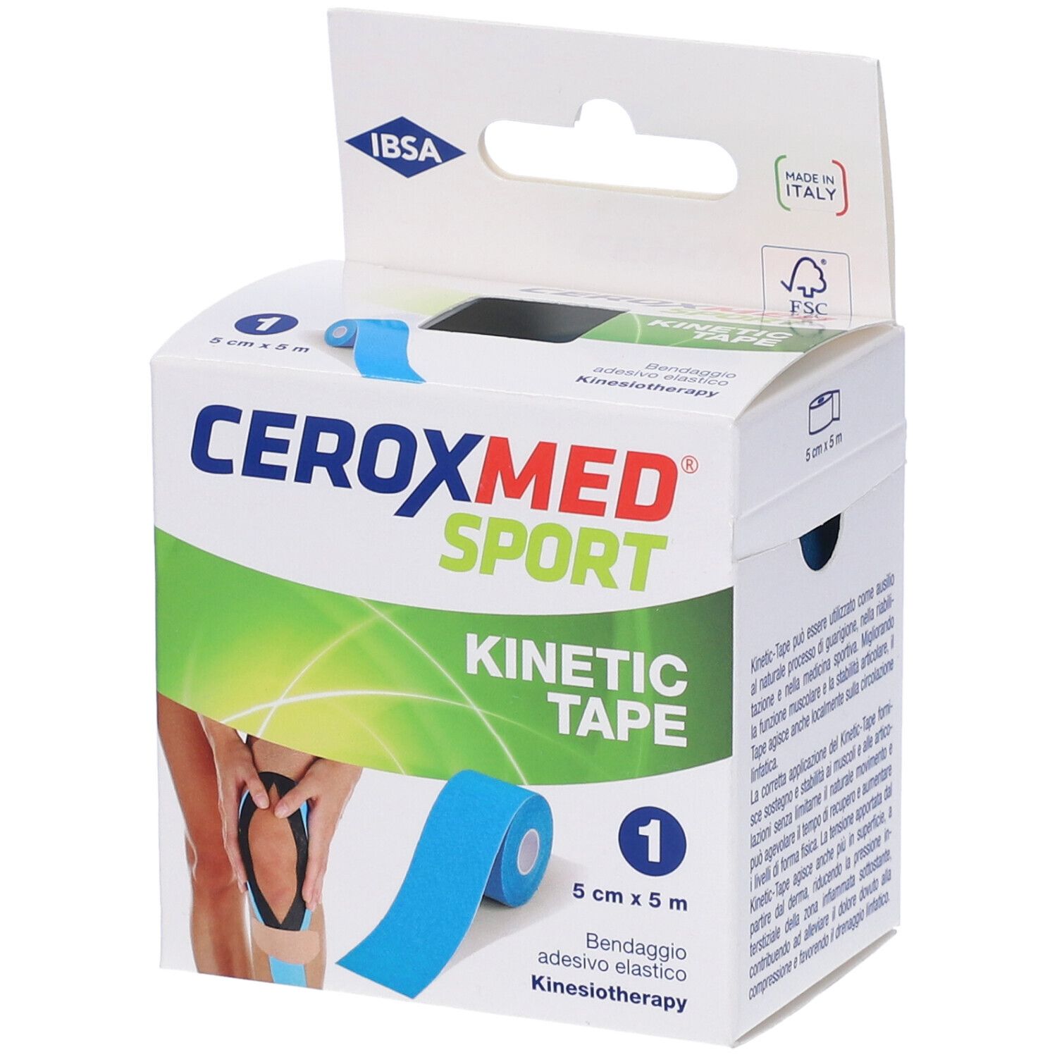 Verpackung von CEROXMED SPORT KINETIC Tape Blu. Blaue Rolle, 5 cm x 5 m. FSC-Logo. Aufdrucke: Kinesiotape, IBISA.