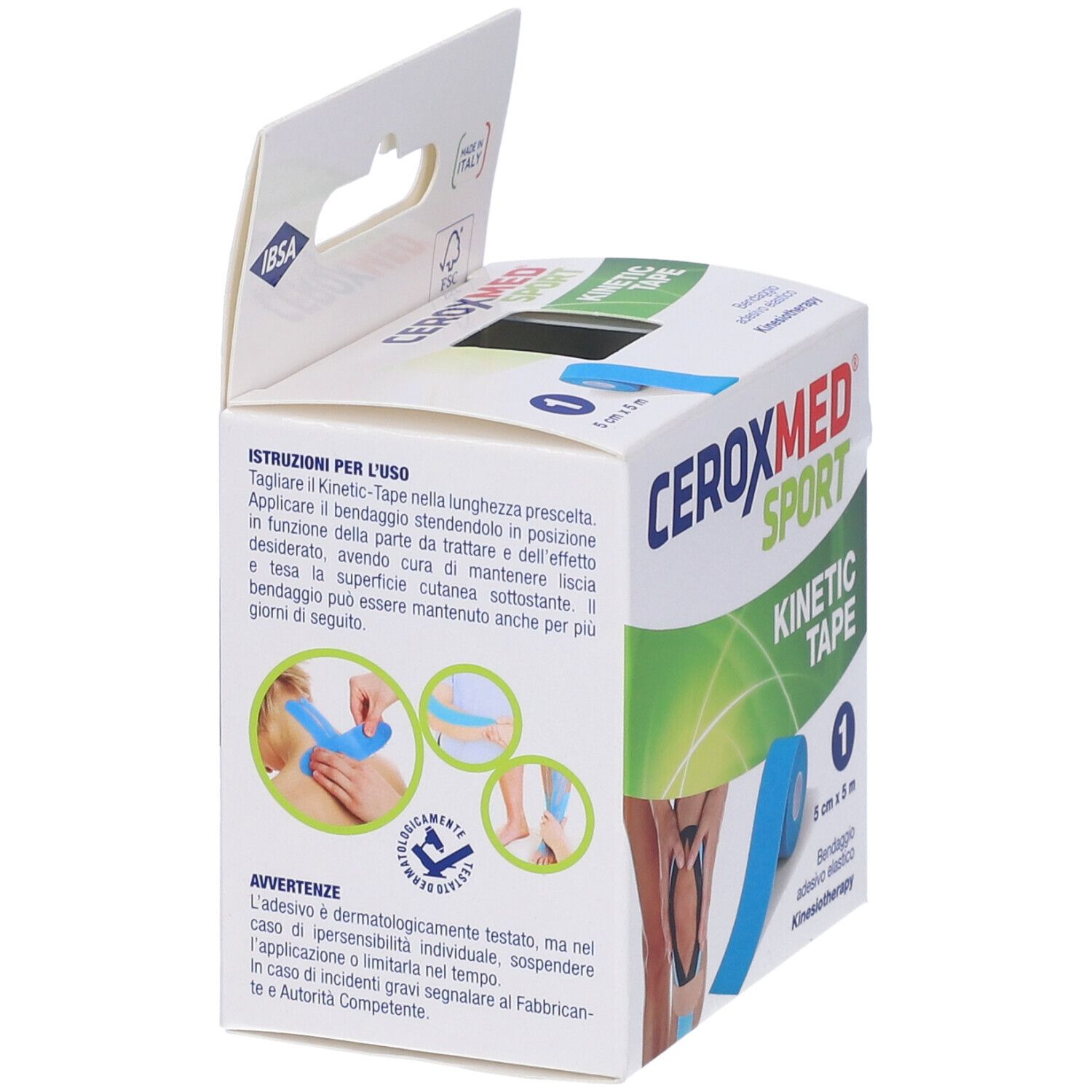 Verpackung von CEROXMED SPORT KINETIC Tape Blu. Blaue Rolle, 5 cm x 5 m. Aufdrucke: Kinesiotape, IBISA. Anwendungsbeispiele.