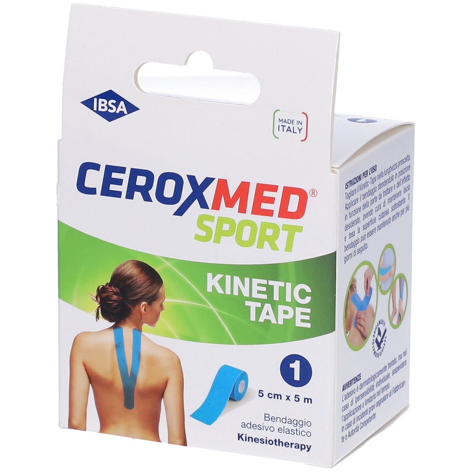 Verpackung von CEROXMED SPORT KINETIC Tape Blu. Blaue Rolle, 5 cm x 5 m. Aufdrucke: Kinesiotape, IBISA. Anwendung am Rücken.