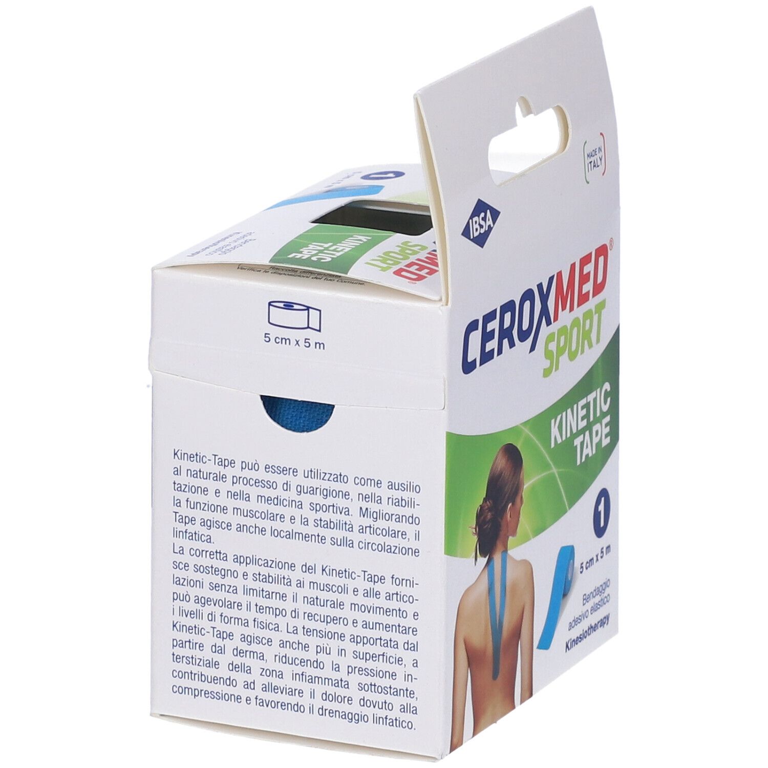 Verpackung von CEROXMED SPORT KINETIC Tape Blu. Blaue Rolle, 5 cm x 5 m. Aufdrucke: Kinesiotape, IBISA. Anwendung am Rücken.
