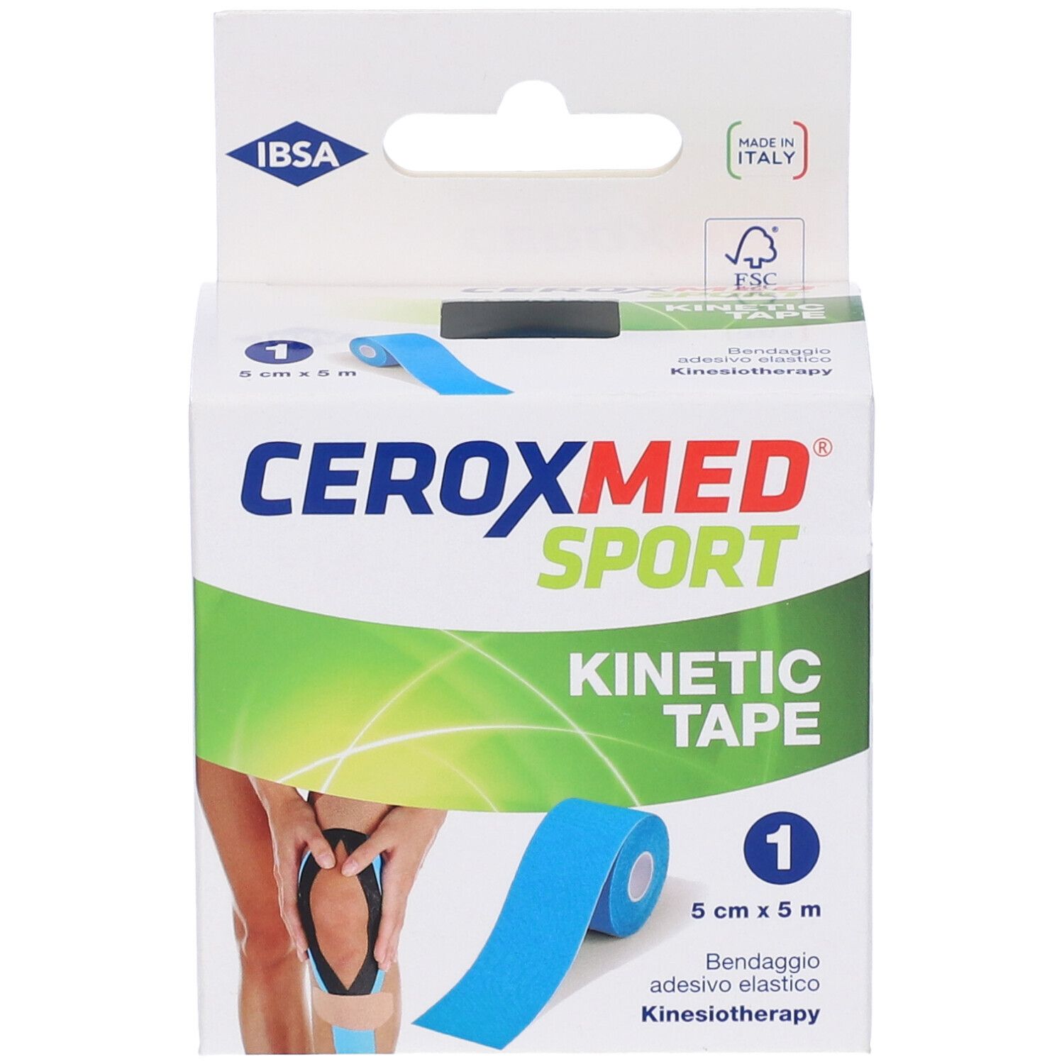 Verpackung von CEROXMED SPORT KINETIC Tape Blu. Blaue Rolle, 5 cm x 5 m. Aufdrucke: Kinesiotape, IBISA. Anwendung am Knie.