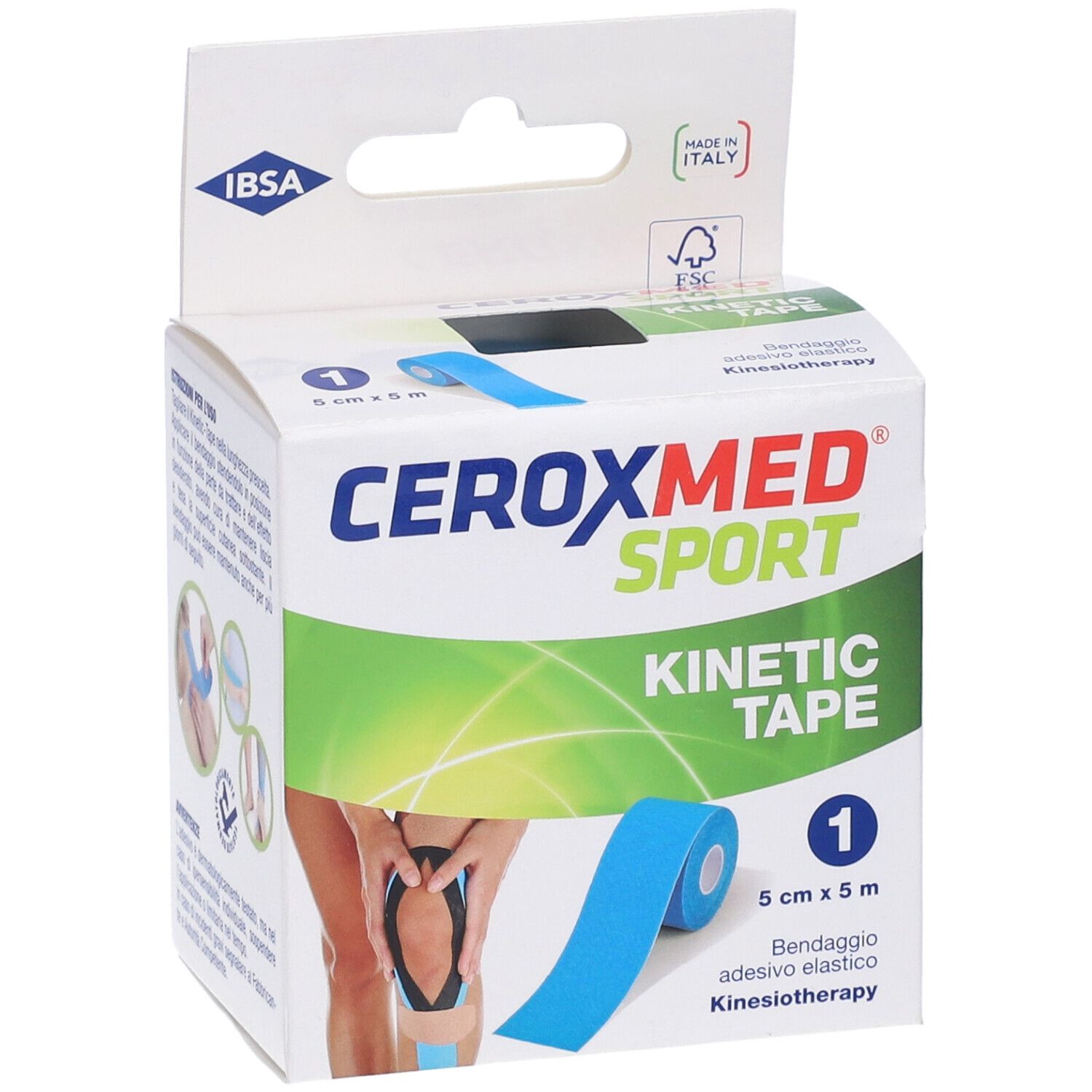 Verpackung von CEROXMED SPORT KINETIC Tape Blu. Blaue Rolle, 5 cm x 5 m. Aufdrucke: Kinesiotape, IBISA. Anwendung am Knie.