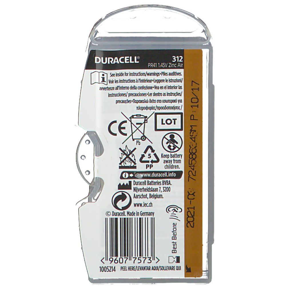 Pile DURACELL® Easy Tab 312. Confezione con informazioni, avvertenze e marchio CE. Scadenza: 10/17.