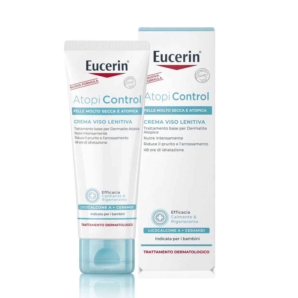 Eucerin AtopiControl crema viso e confezione. Tubo e scatola con informazioni sul prodotto.